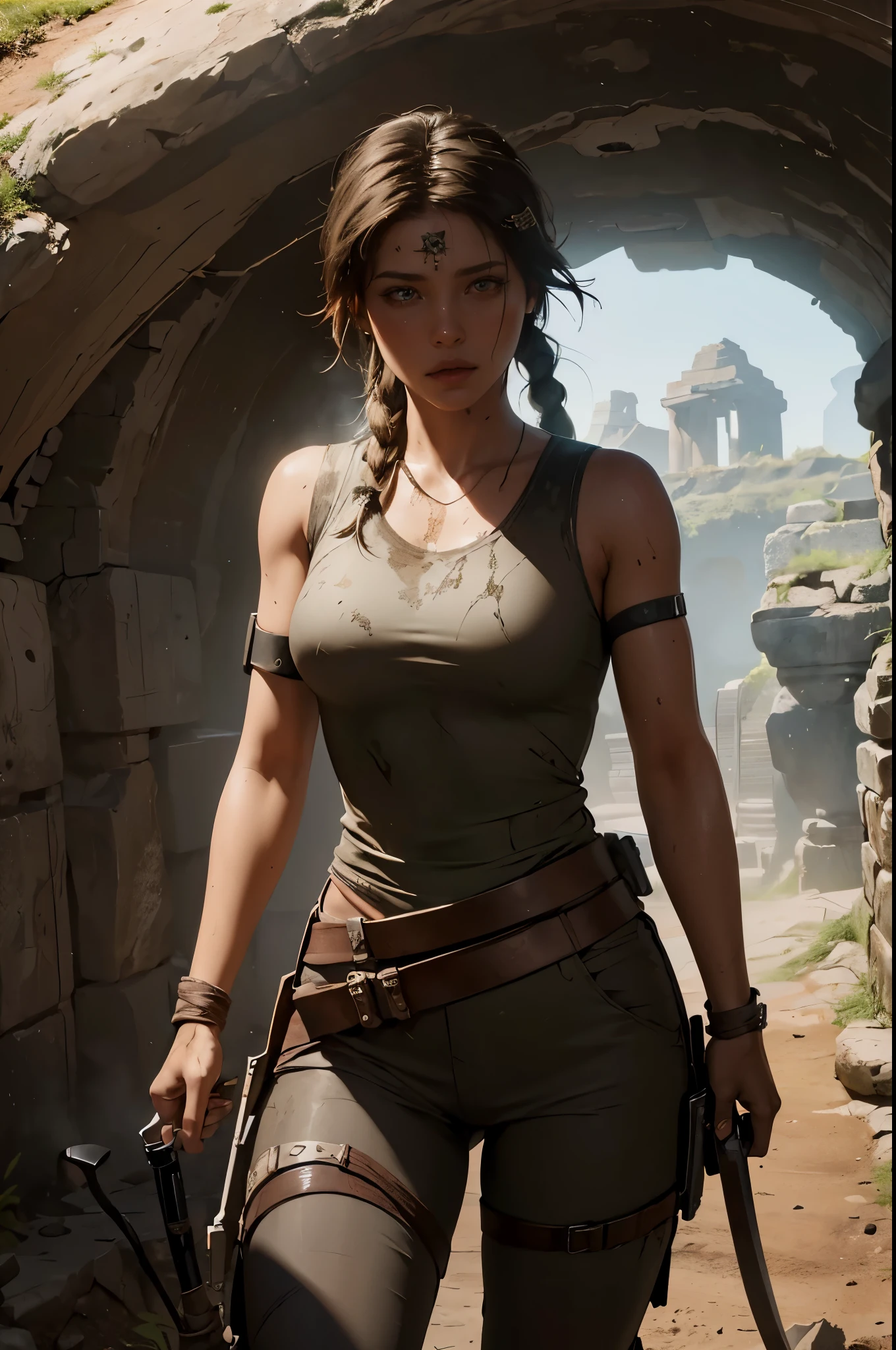 (((Underground landscape of the ancient kingdom))), a beautiful young explorer stood in the distance, ((wearing a tomb raider outfit))