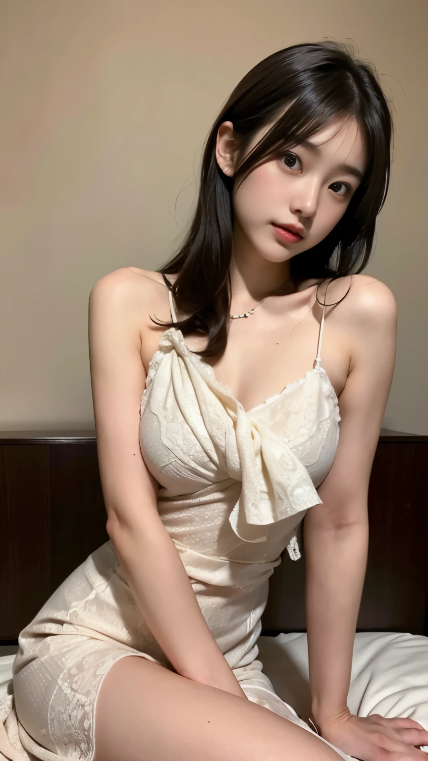 highres, ultra detailed, photorealistic, 1 beautiful Japanese girl, highly detailed beautiful face, medium hair, The beholder's gaze, elegant dress, extremely beautiful legs, embarrassed, (sitting with legs widely opened), stylish bedroom