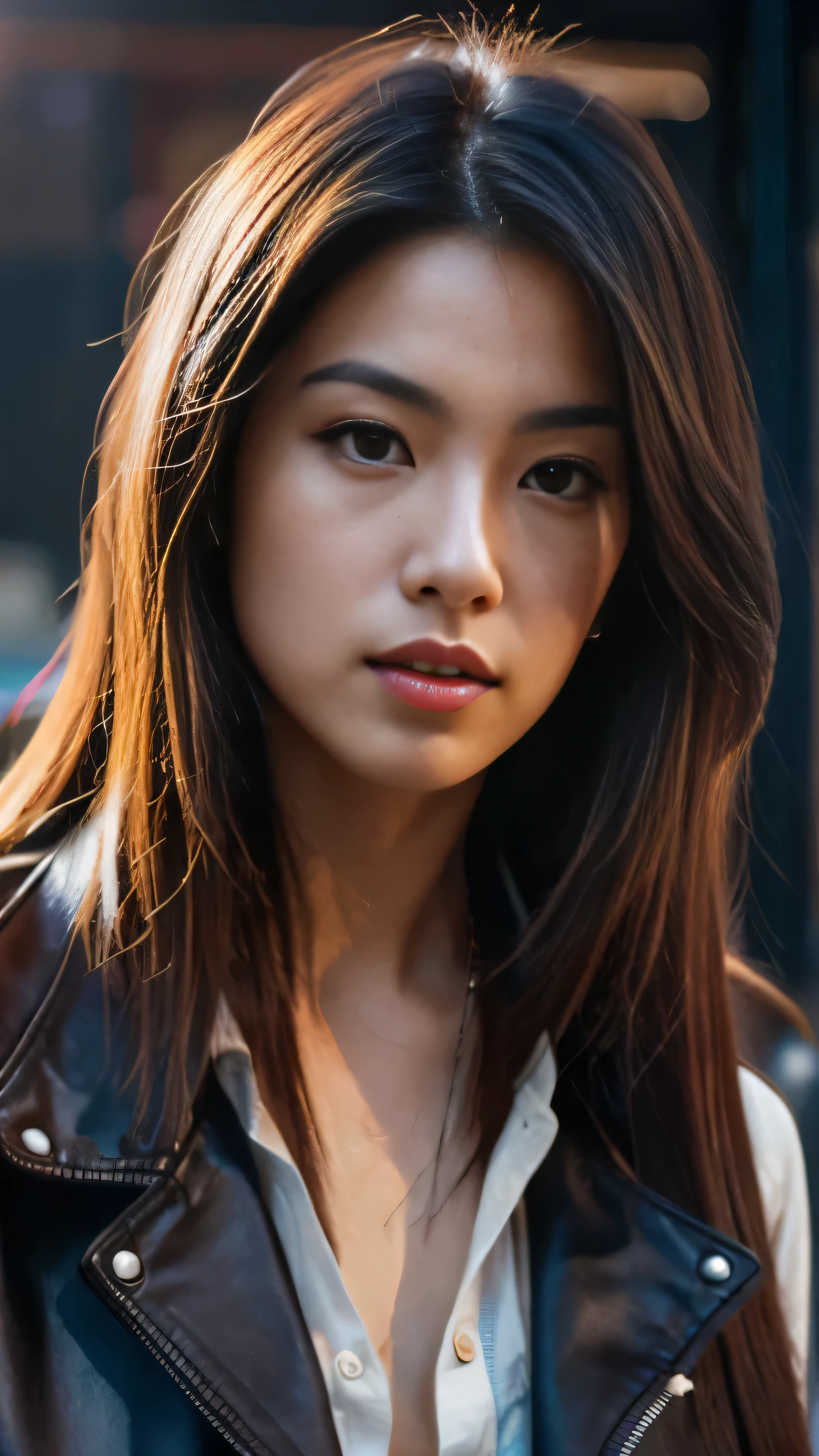 a woman with long hair and a leather jacket is staring at the camera, by Ross Tran, artwork in the style of guweiz, digital art ilya kuvshinov, in the style of ross tran, ross tran 8 k, realistic art style, rossdraws global illumination, beautiful digital artwork, realistic artstyle, ross tran style, adorable digital painting