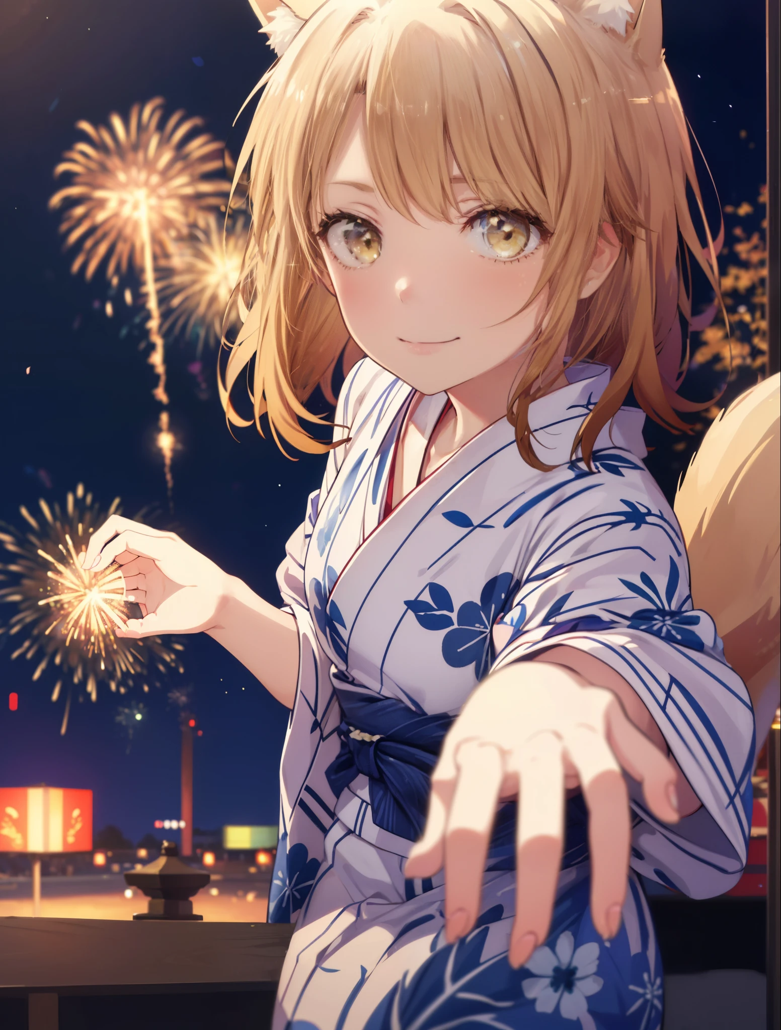irohaisshiki, Isshiki Iroha, long hair, light brown hair, (brown eyes:1.5), smile,animal ears,fox ears,animal tail fox tail,flower hair ornament,Yukata with yellow floral pattern,long skirt,Zori sandals,firework in the night sky,firework,The place is a firework display,Time is night,sunny day,Make sure the whole body is included in the illustration,
break outdoors, 神社
break looking at viewer,
break (masterpiece:1.2), highest quality, High resolution, unity 8k wallpaper, (shape:0.8), (beautiful and detailed eyes:1.6), highly detailed face, perfect lighting, Very detailed CG, (perfect hands, perfect anatomy),