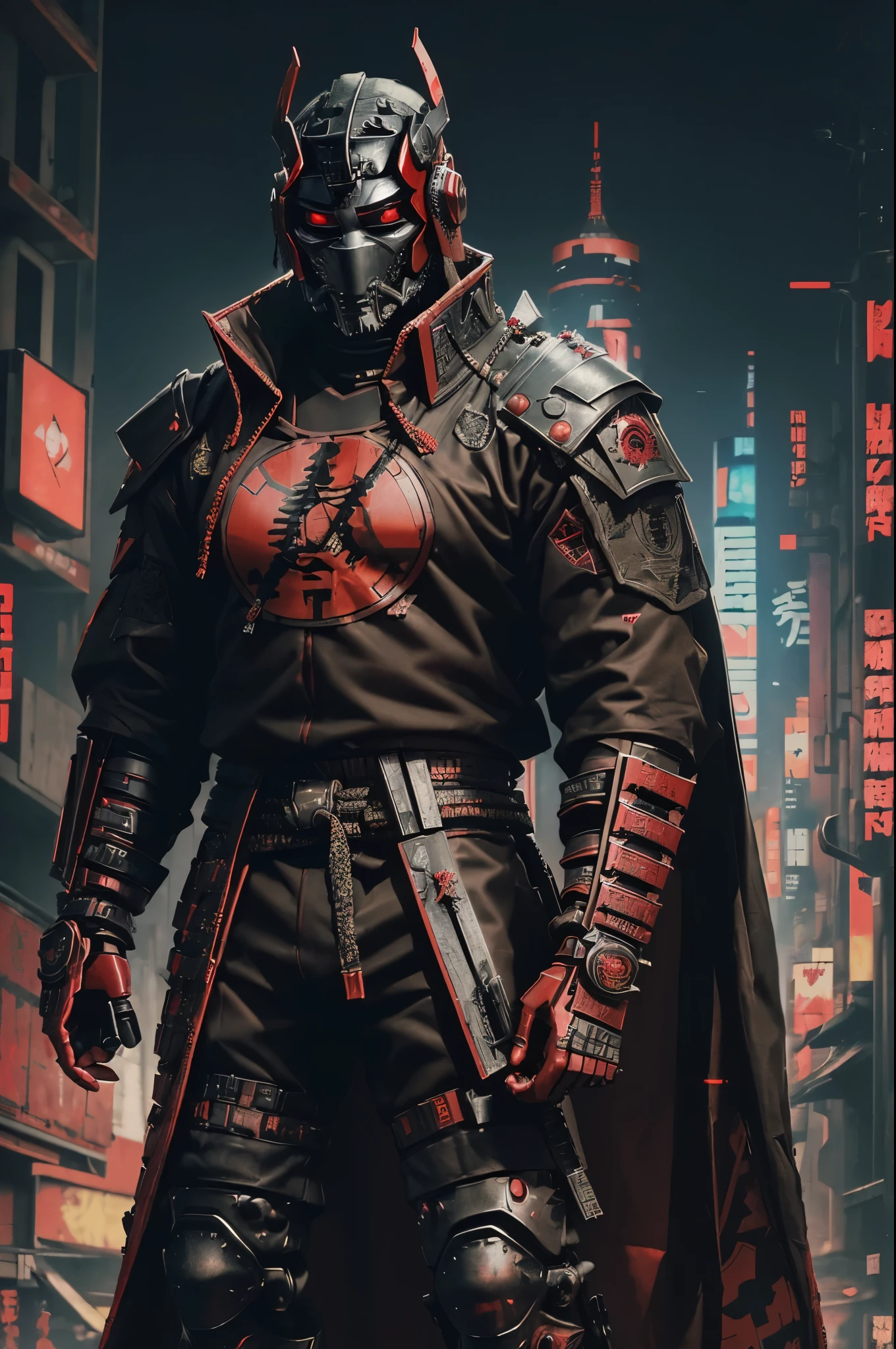 (urban samurai Wearing a Demon Mask:1.35),full body, (Armed with a long and large Japanese sword),facing front,(red and black cyberpunk military cloth armor:1.5),(cyberpunk Tokyo city background)