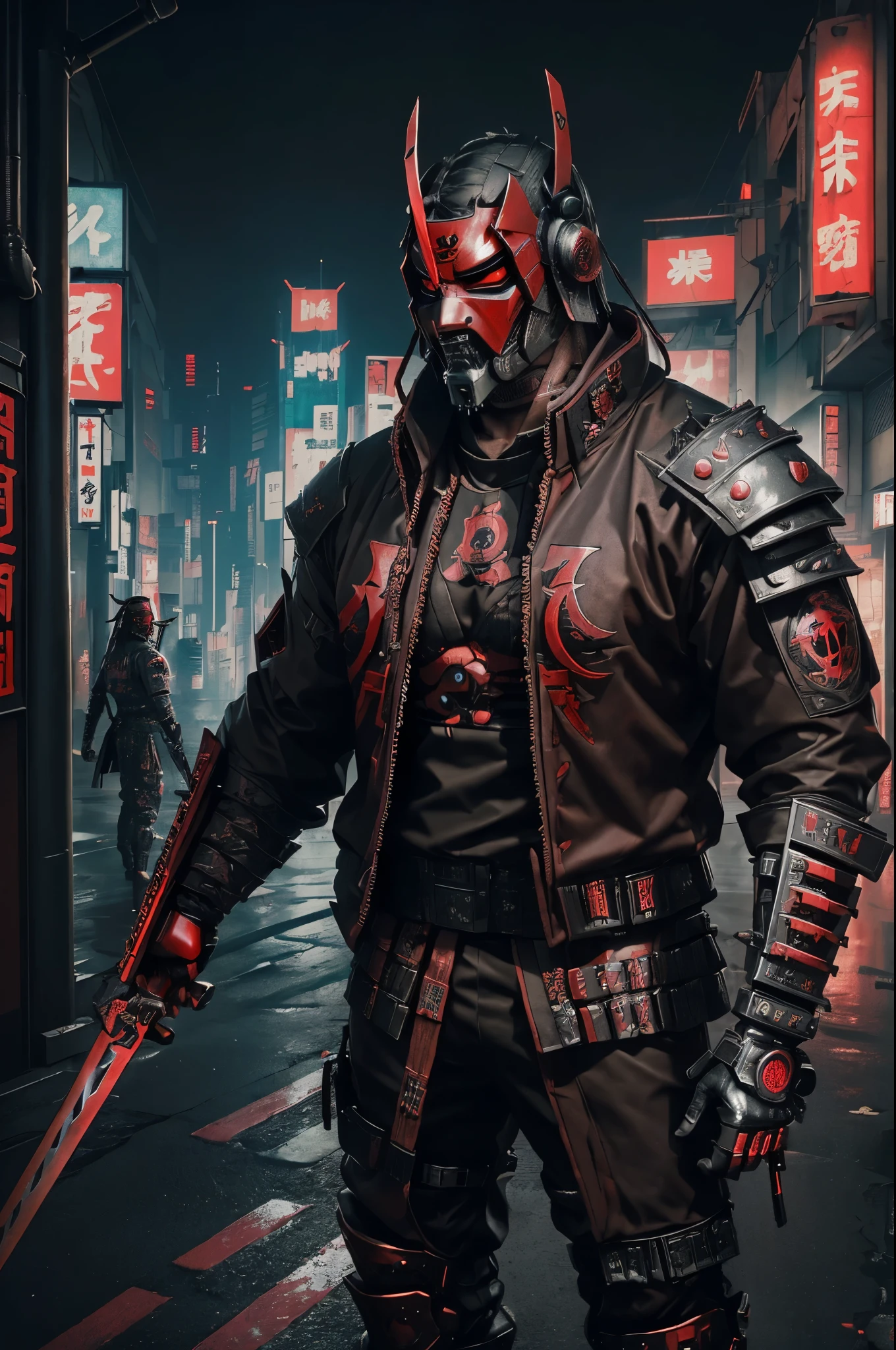 (urban samurai Wearing a Demon Mask:1.35),full body, (Armed with a long and large Japanese sword),facing front,(red and black cyberpunk military cloth armor:1.5),(cyberpunk Tokyo city background)
