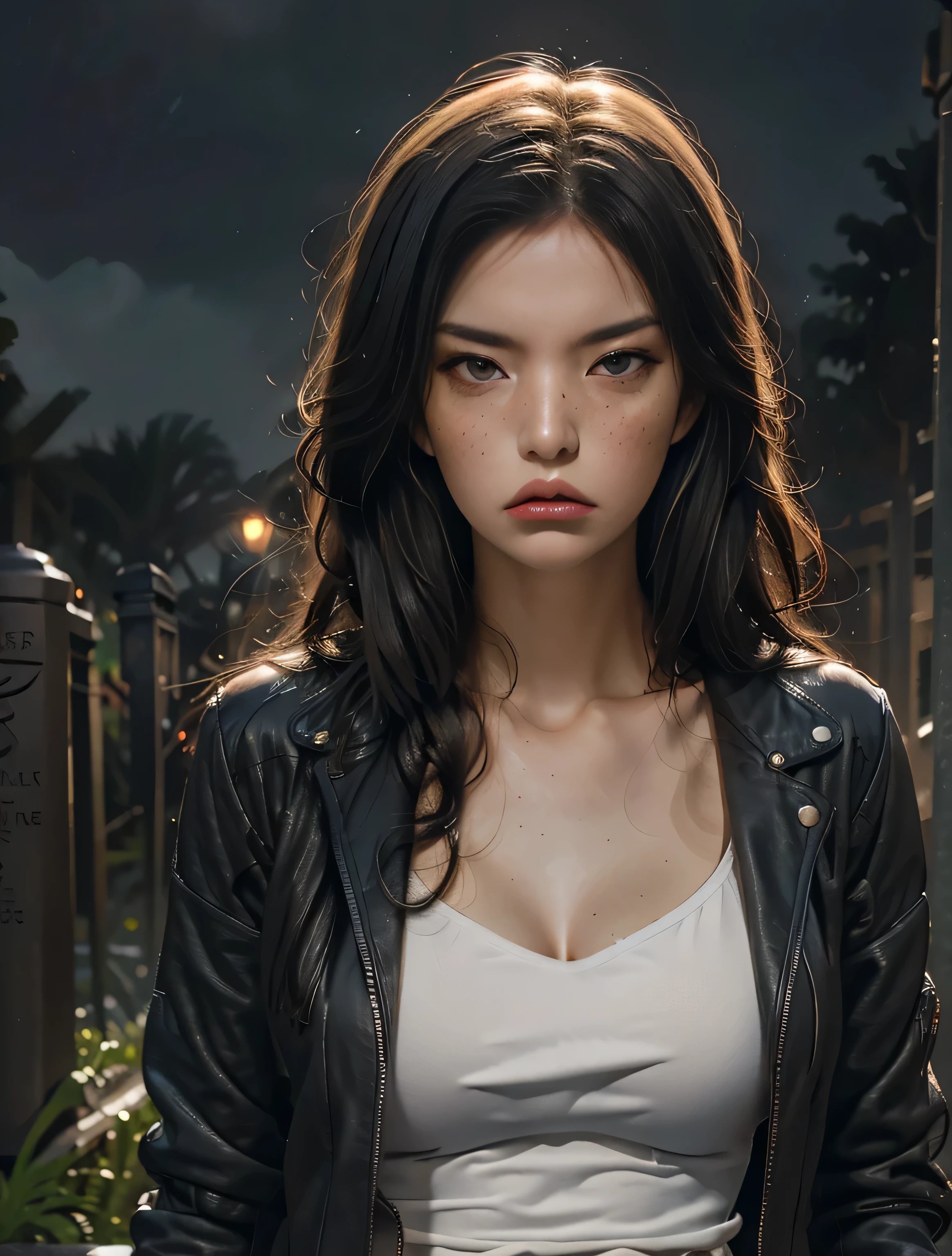 Realist, 1, Black hair, Long wavy hair, - Purple eyes, gloomy look, leather jacket, Fantasy, Cemetery at night in the background, Expression of anger, Freckles all over the body,, mouth shut