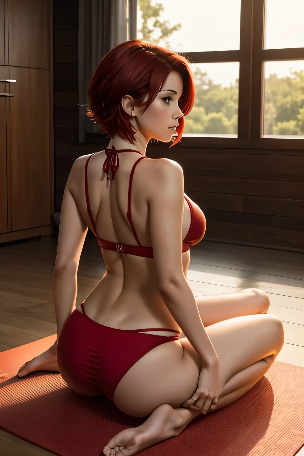 stunningly beautiful woman wearing a red micro-bikini. She is lying on her back. short red hair. on the yoga mat. performing morning leg yoga stretches at sunrise. back view
