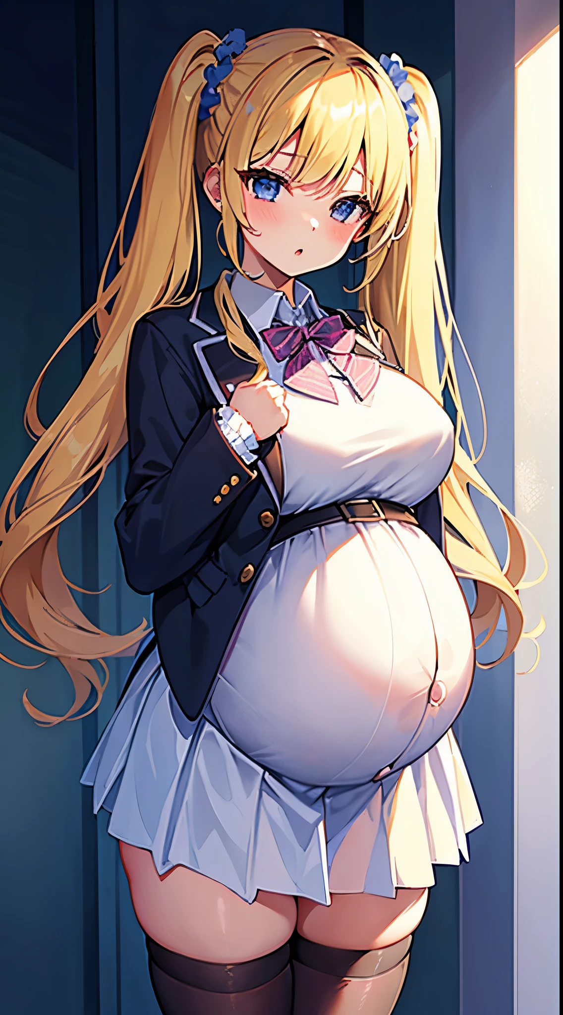 masterpiece, best quality,pregnant junior high school girl、(1girl,solo)、
blonde hair,twintails hairstyle、Scrunchie decoration on hair、Confident face、
(maternity wear,ridge knitting)、skirt、
school-blazer-jacket、open jacker、
Thighhighs of black 、