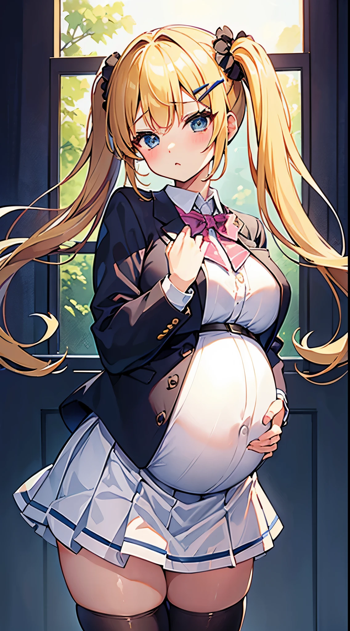 masterpiece, best quality,pregnant junior high school girl、(1girl,solo)、
blonde hair,twintails hairstyle、Scrunchie decoration on hair、Confident face、
(maternity wear,ridge knitting)、skirt、
school-blazer-jacket、open jacker、
Thighhighs of black 、