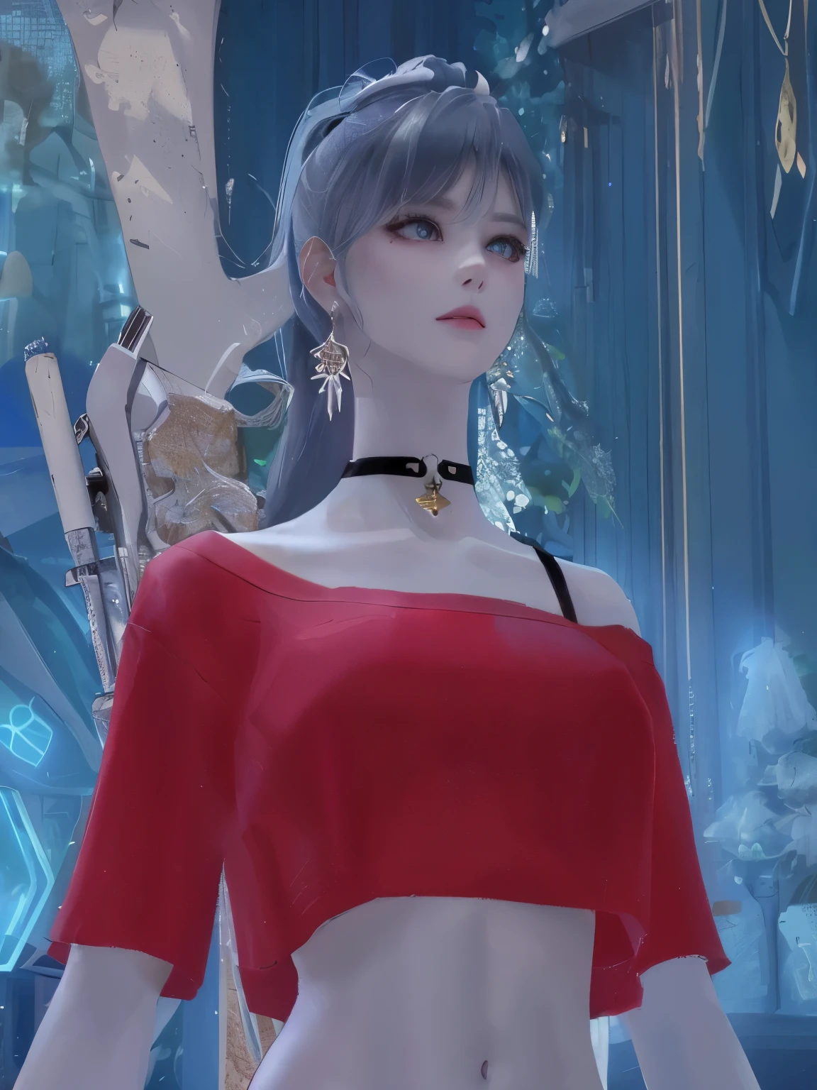 beautiful, masterpiece, best quality, very detailed face, perfect lighting, 1 woman, alone, , closed mouth, off shoulder, ultra detail, 8k, ponytail hair, white hair, white eyes, chock, carry a sniper rifle on one&#39;s back, earring, 매우 beautiful, best quality, high quality, highres, ((masterpiece,best quality)),(1 woman, alone:1.1),beautiful and delicate eyes, vivid, earring, high quality, 4K, best quality, masterpiece, ultra high resolution, ‘Leo’ is a college-aged woman from another world., She has ponytail hair that is white like snow and blue like the sky., She was famous for being beautiful and popular., Her blue eyes were bright and beady, The skin, which was as white as porcelain, was as white as if it had never seen the light of day., She has a body that allows her collarbones to be clearly visible., She likes shooting, and to shoot again today, she is carrying a sniper rifle with a white light on her back..​