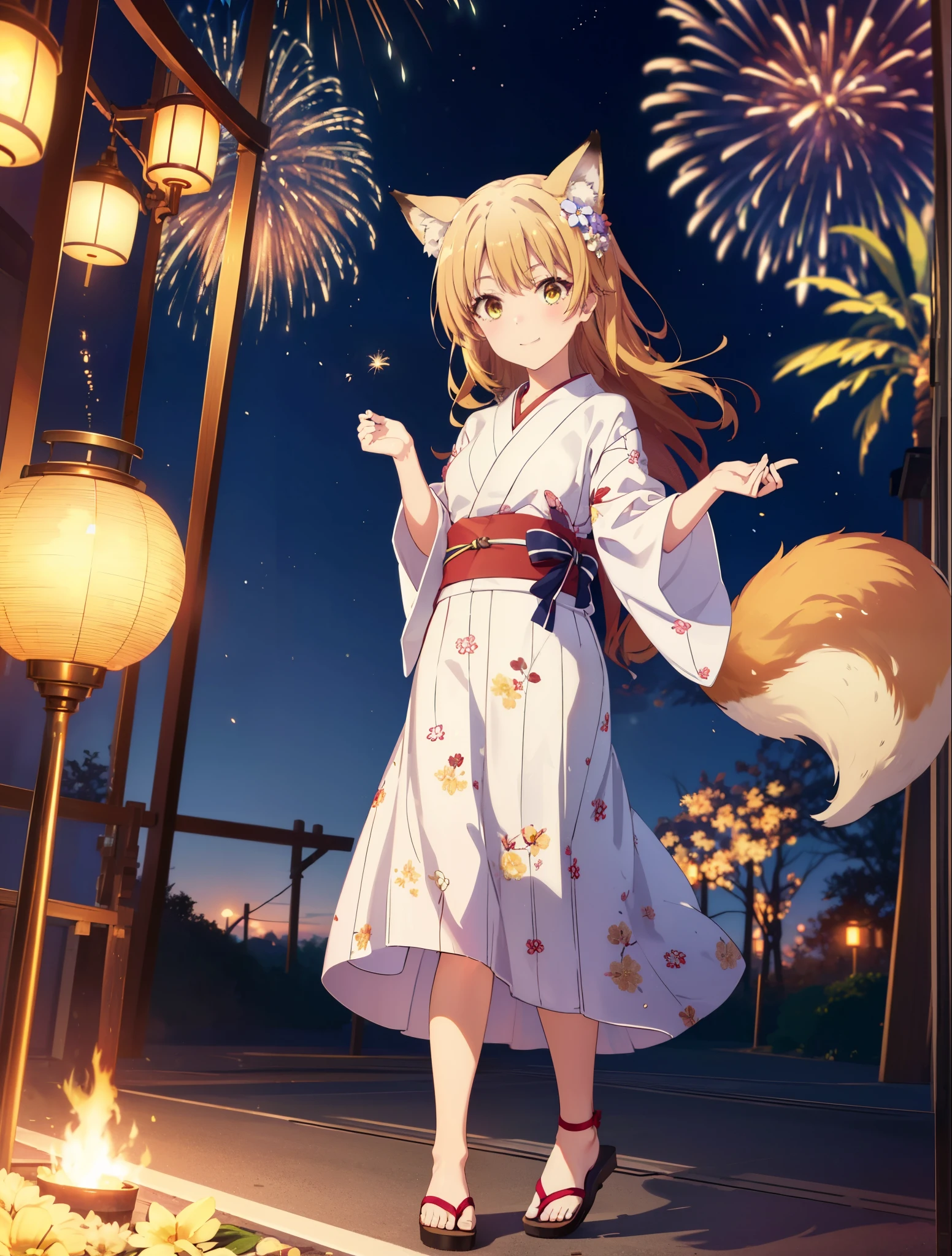irohaisshiki, Isshiki Iroha, long hair, light brown hair, (brown eyes:1.5), smile,animal ears,fox ears,animal tail　fox tail,flower hair ornament,Yukata with yellow floral pattern,long skirt,Zori sandals,firework in the night sky,firework,The place is a firework display,Time is night,sunny day,Make sure the whole body is included in the illustration,
break outdoors, 神社
break looking at viewer,
break (masterpiece:1.2), highest quality, High resolution, unity 8k wallpaper, (shape:0.8), (beautiful and detailed eyes:1.6), highly detailed face, perfect lighting, Very detailed CG, (perfect hands, perfect anatomy),