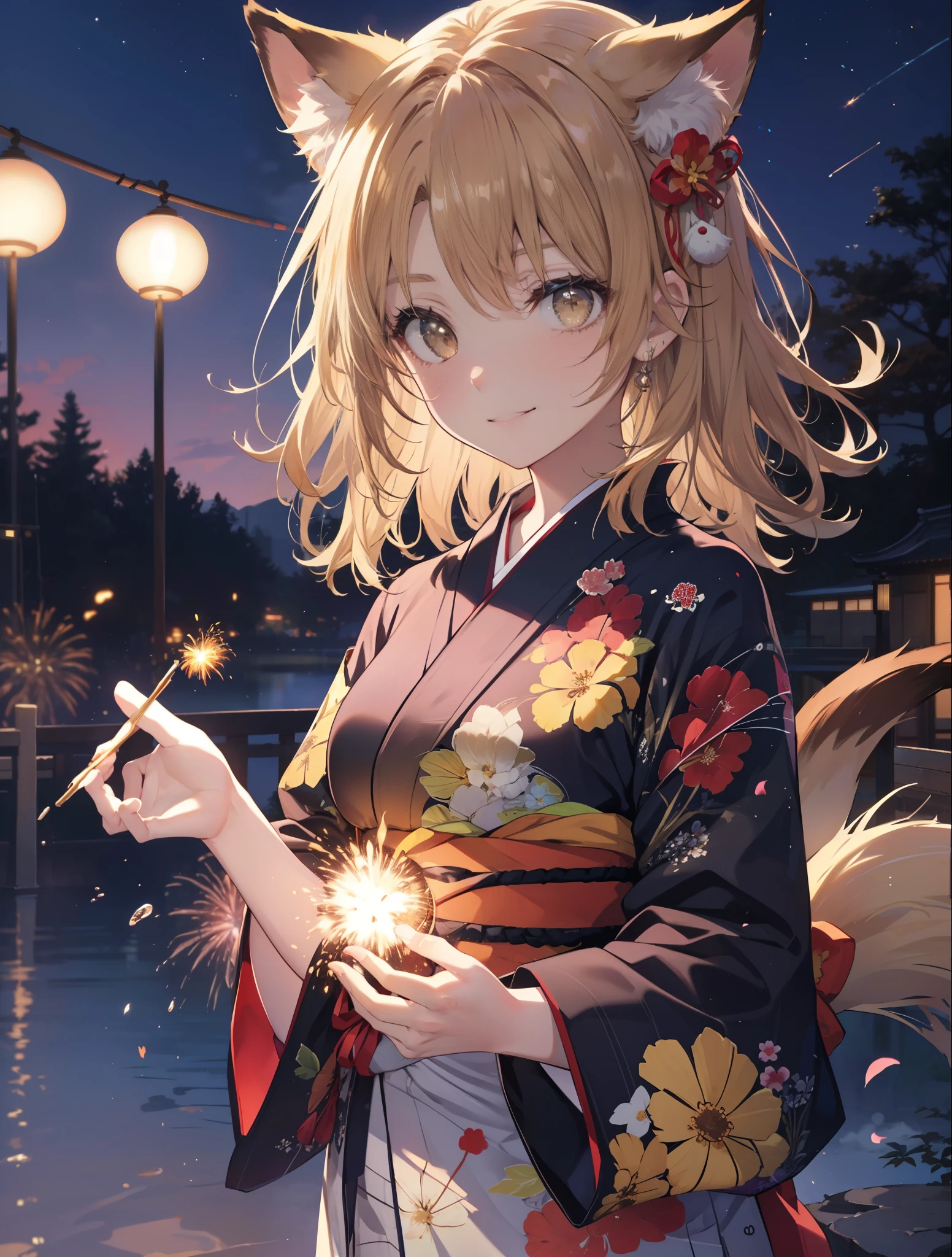 irohaisshiki, Isshiki Iroha, long hair, light brown hair, (brown eyes:1.5), smile,animal ears,fox ears,animal tail　fox tail,flower hair ornament,Yukata with yellow floral pattern,long skirt,Zori sandals,firework in the night sky,firework,The place is a firework display,Time is night,sunny day,Make sure the whole body is included in the illustration,
break outdoors, 神社
break looking at viewer,
break (masterpiece:1.2), highest quality, High resolution, unity 8k wallpaper, (shape:0.8), (beautiful and detailed eyes:1.6), highly detailed face, perfect lighting, Very detailed CG, (perfect hands, perfect anatomy),
