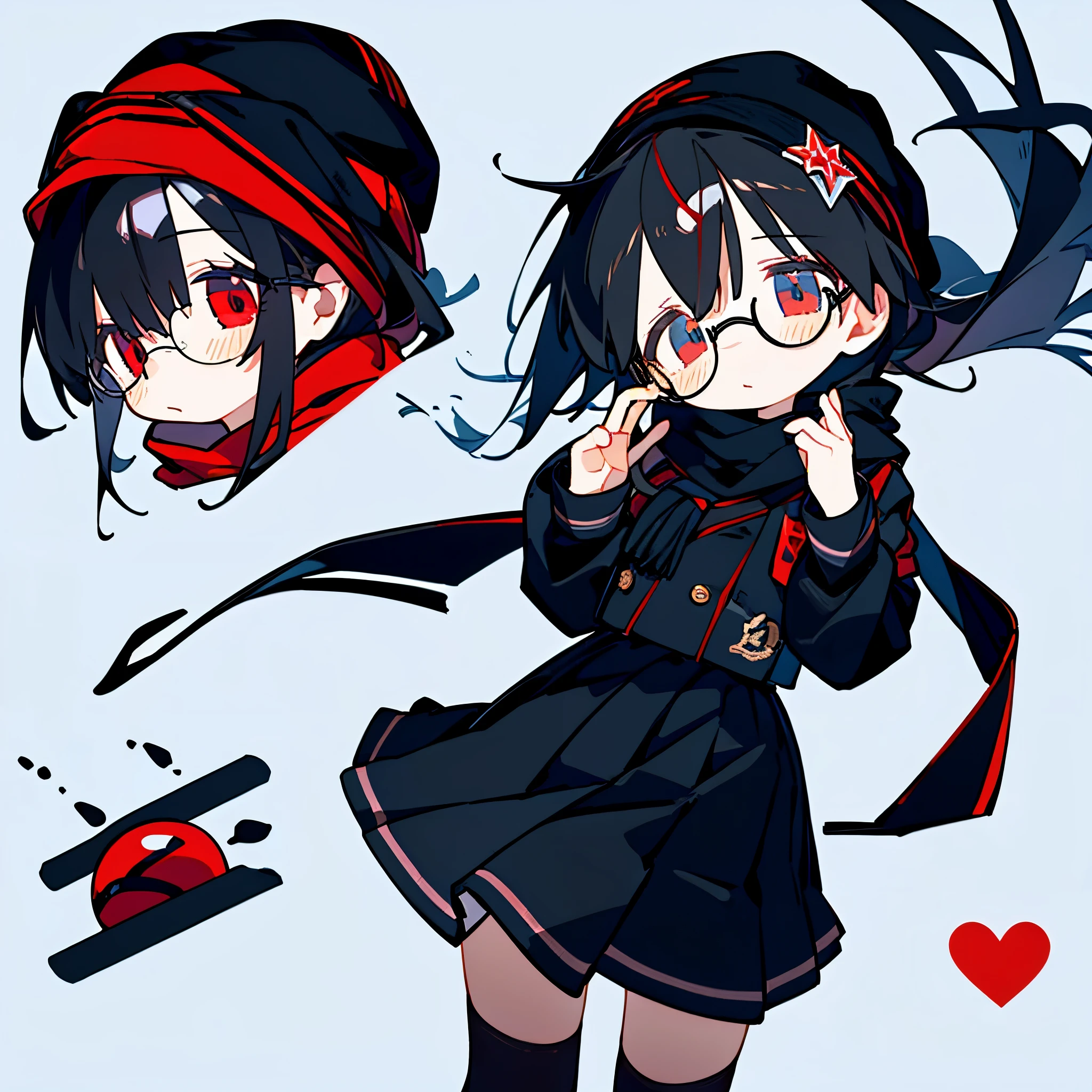 (masterpiece), best quality, expressive eyes, perfect face, red eye, black beanie, fluffy cut black hair, black scarf, black school uniform, short skirt, Round Glasses Black, cool pose, simple background