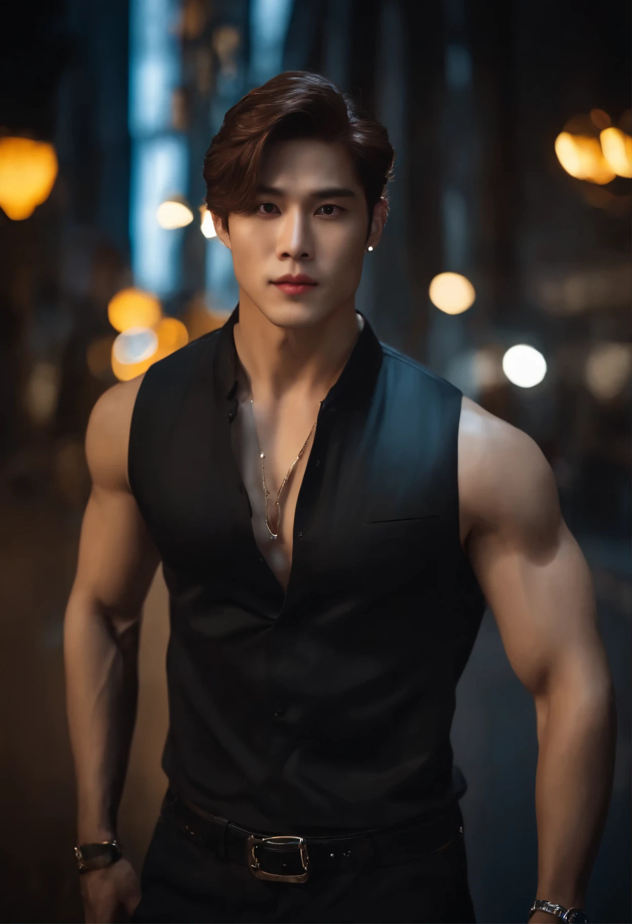 8k, masterpiece, RAW photography, best quality, photorealistic, highly detailed CG unity 8k wallpaper, depth of field, cinematic light, lens flare, ray tracing, (extremely beautiful and charismatic face, beautiful lips, beautiful eyes), intricately detailed face, (ultra detailed skin), 1 man, in nature, in deep shadows, beautiful European male, kpop idol, 1 male, (very strong and muscular body:1.3), (looking at audience), (great determined look) :1.3), (sleeveless), (fashion city night, dark night, neon signs, blurred background), fashion street night, (people in back:1.3), beautiful earrings, bracelets, necklace, pantyhose, clear eyes, walking, (pale skin), (big eyes), face forward, (upper body shot), (a loose clothing:1.3), (brown hair), (bosh clothing, (transparent), (looking at audience:1.3) very strong ,, turning his back, (back shot), transparent, medium-sized hips.