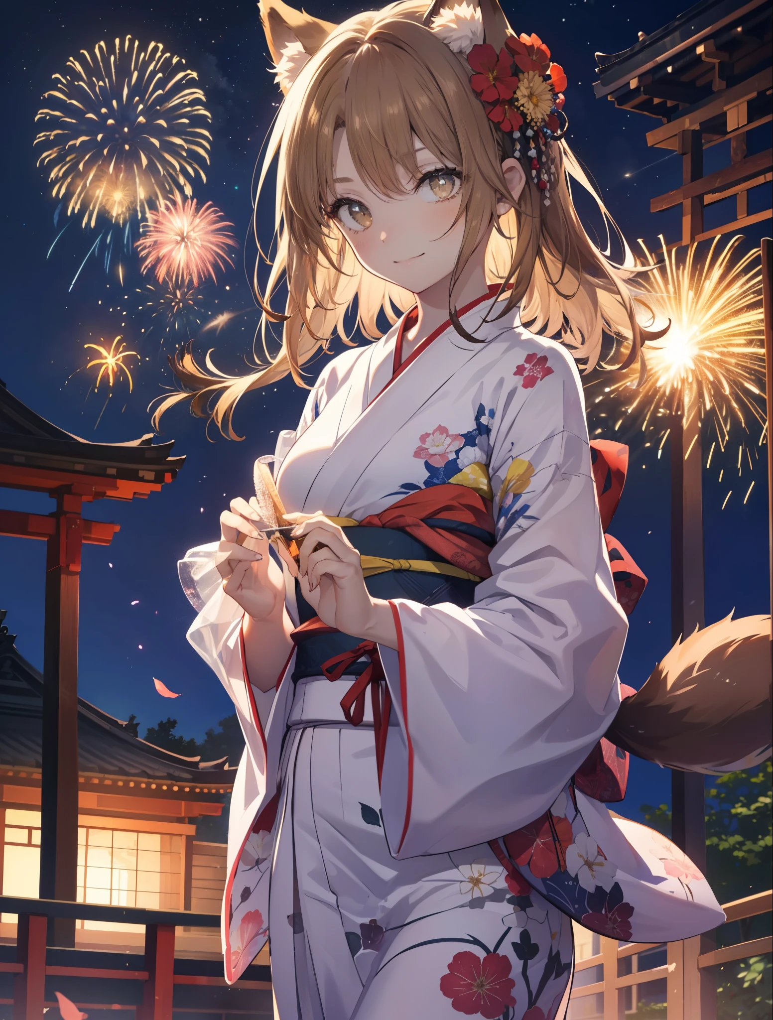irohaisshiki, Isshiki Iroha, long hair, light brown hair, (brown eyes:1.5), smile,animal ears,fox ears,animal tail fox tail,flower hair ornament,Yukata with yellow floral pattern,long skirt,Zori sandals,firework in the night sky,firework,The place is a firework display,Time is night,sunny day,Make sure the whole body is included in the illustration,
break outdoors, 神社
break looking at viewer,
break (masterpiece:1.2), highest quality, High resolution, unity 8k wallpaper, (shape:0.8), (beautiful and detailed eyes:1.6), highly detailed face, perfect lighting, Very detailed CG, (perfect hands, perfect anatomy),