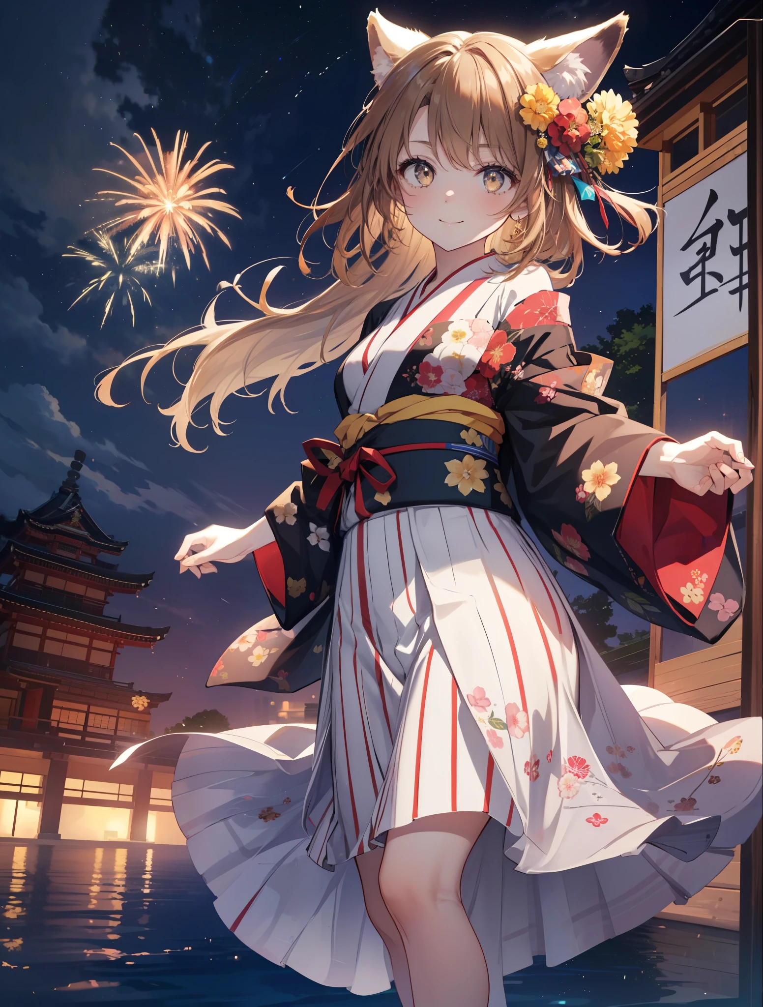 irohaisshiki, Isshiki Iroha, long hair, light brown hair, (brown eyes:1.5), smile,animal ears,fox ears,animal tail fox tail,flower hair ornament,Yukata with yellow floral pattern,long skirt,Zori sandals,firework in the night sky,firework,The place is a firework display,Time is night,sunny day,Make sure the whole body is included in the illustration,
break outdoors, 神社
break looking at viewer,
break (masterpiece:1.2), highest quality, High resolution, unity 8k wallpaper, (shape:0.8), (beautiful and detailed eyes:1.6), highly detailed face, perfect lighting, Very detailed CG, (perfect hands, perfect anatomy),