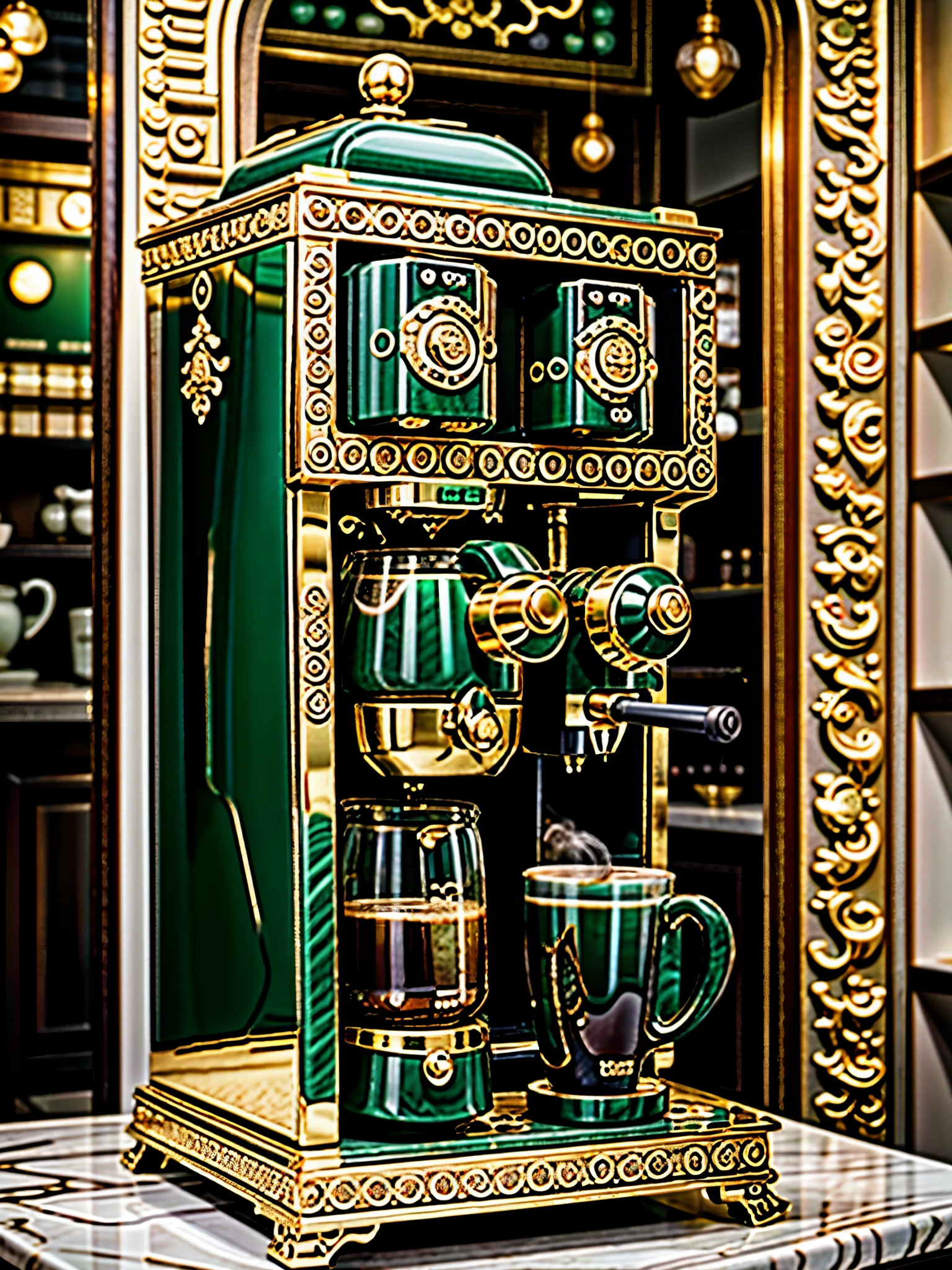 photo of an ornate (gold jade coffee machine), cafe, realistic, masterpiece, intricate details, detailed background, depth of field