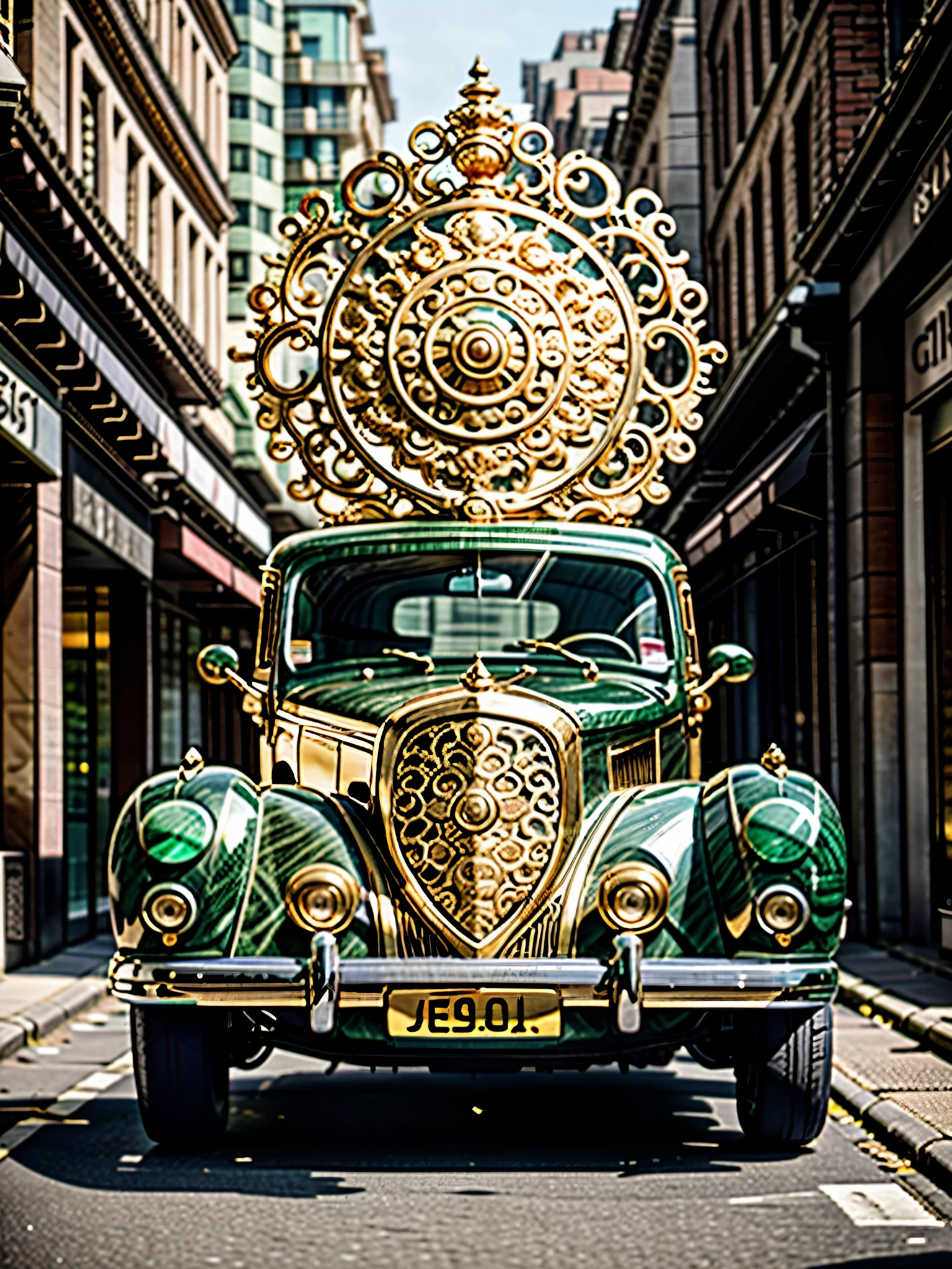 photo of an ornate (gold jade car), city street, dynamic angle, realistic, masterpiece, intricate details, detailed background, depth of field