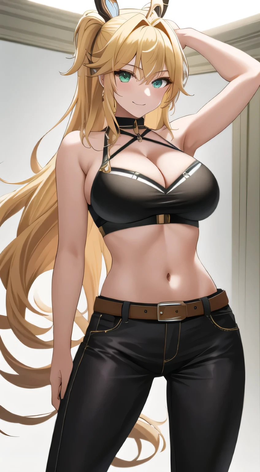 (best quality:1.2) This high-resolution masterpiece captures the essence of beauty with its finely detailed portrayal of a confident (1girl:1.3). With her captivating (blonde hair) flowing down her back, complemented by vibrant (green eyes), this solo shot showcases her radiant aura. Dressed in tight-fitting pants and a stylish belt, she exudes a cowboy-like charm in this eye-catching (cowboy shot). Her captivating smile adds an enchanting touch to the image, accentuated by her mesmerizing (ahoge). Completing her ensemble, she wears sleek boots that perfectly match her outfit, drawing attention to her alluring (midriff) and emphasizing her (cleavage). With every detail carefully captured in