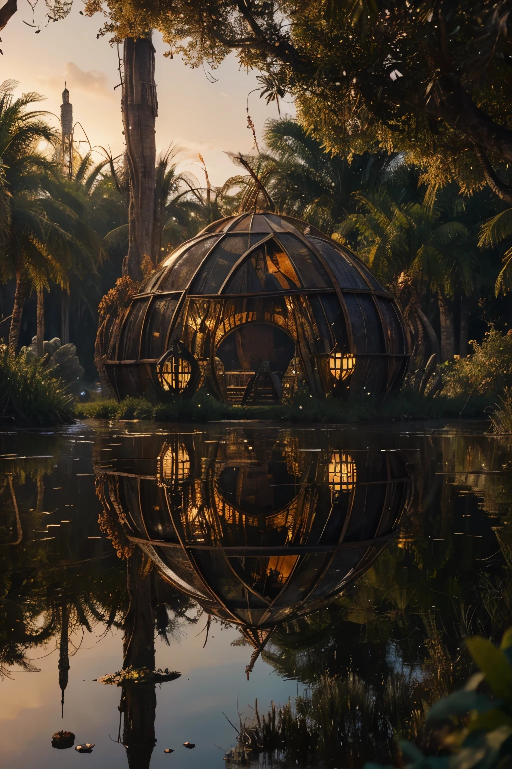 Dark digital art depicting a sci-fi swamp on an alien planet, Voodoo and Demiurge emblems intertwined within a metallic and rust-colored palette, fusion of organic and metallic forms creating multidimensional entities, skin tattooed with elaborate symbols, cellular structures, organelles, macromolecular complexes, tents and a surreal 5D structure of floating liquid mercury, a mirror void of reflection ensconced within a rust-toned marshland hosting a floating gypsy market, intricate designs akin