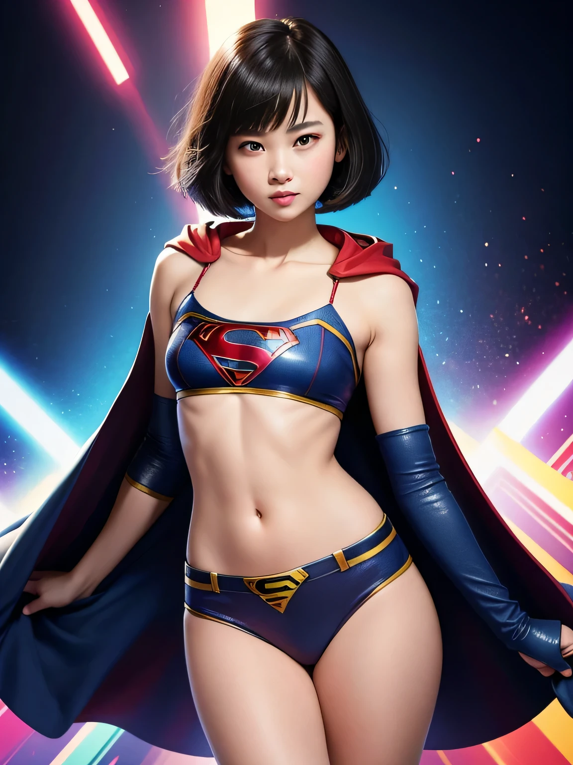 super girl&#39;very , masterpiece, highest quality, abstract, psychedelic, neon, (honeycomb pattern), (creative:1.3), fantasy 00d、 black hair、bob cut with trimmed ends、flat chest、Thin crotch、lolicon、stand on the sidewalk、Glistening crotch、belly button、High-leg style、red cloak、pointed nipples、smile、&#39;face