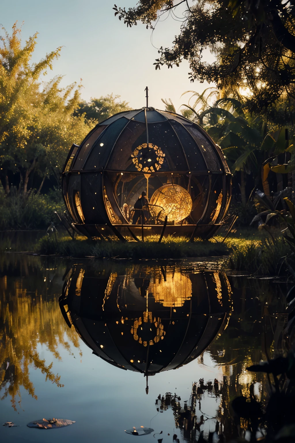 Dark digital art depicting a sci-fi swamp on an alien planet, Voodoo and Demiurge emblems intertwined within a metallic and rust-colored palette, fusion of organic and metallic forms creating multidimensional entities, skin tattooed with elaborate symbols, cellular structures, organelles, macromolecular complexes, tents and a surreal 5D structure of floating liquid mercury, a mirror void of reflection ensconced within a rust-toned marshland hosting a floating gypsy market, intricate designs akin