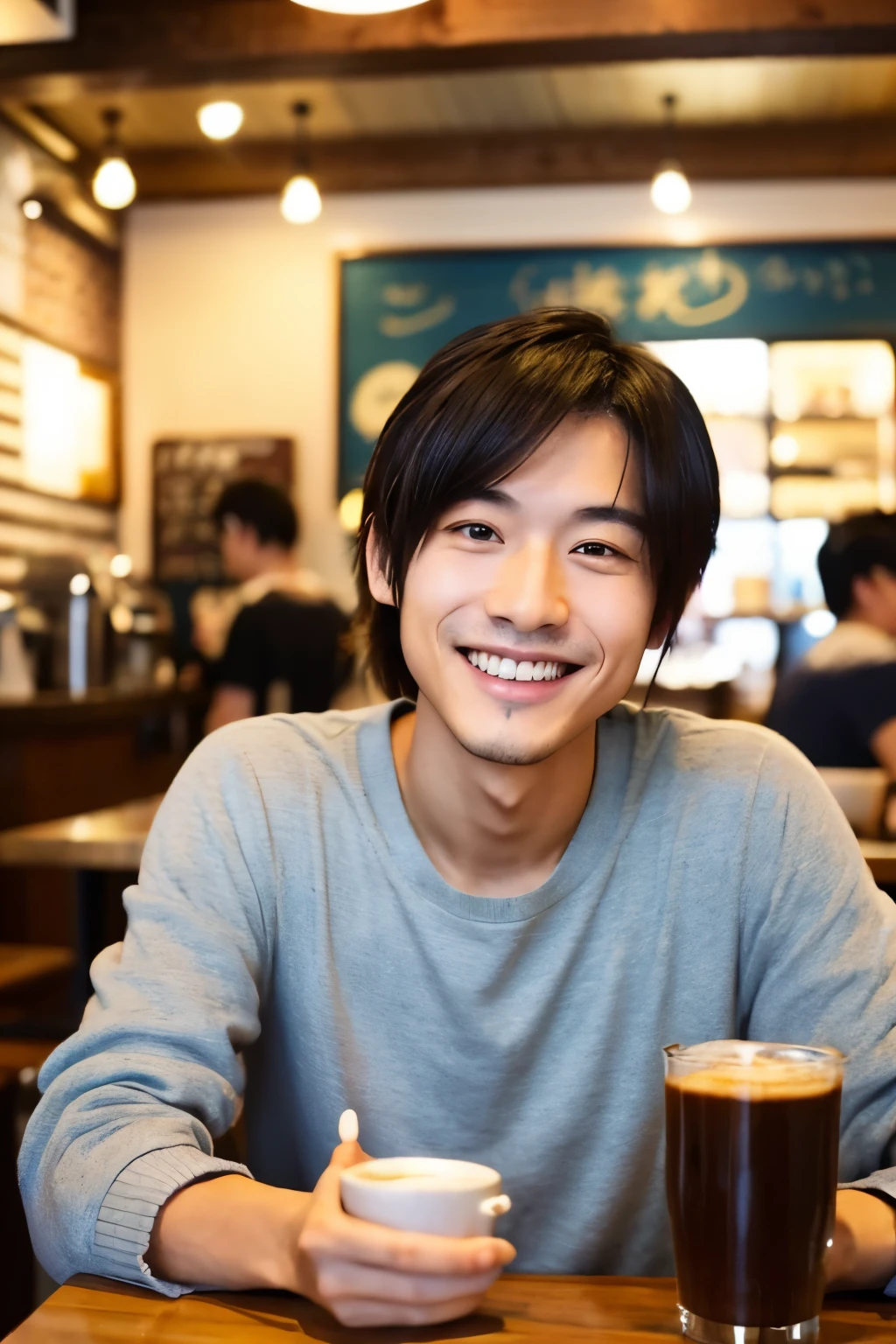 Japanese man in his 30s。Inside the coffee shop, she has a gentle smile on her face.。You have a kind face、Are thin