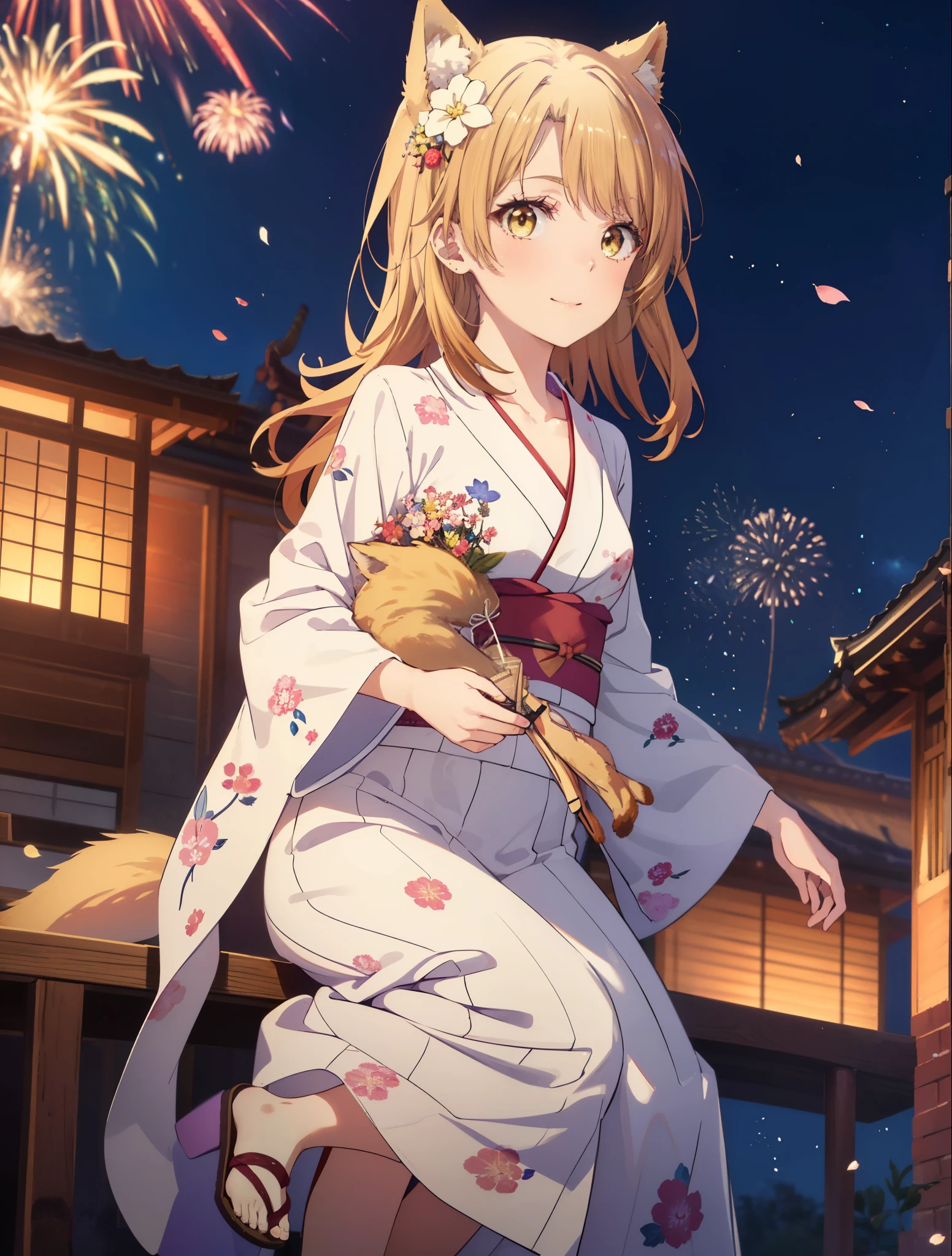 irohaisshiki, Isshiki Iroha, long hair, light brown hair, (brown eyes:1.5), smile,animal ears,fox ears,animal tail　fox tail,flower hair ornament,Yukata with yellow floral pattern,long skirt,Zori sandals,firework in the night sky,firework,The place is a firework display,Time is night,sunny day,Make sure the whole body is included in the illustration,
break outdoors, 神社
break looking at viewer,
break (masterpiece:1.2), highest quality, High resolution, unity 8k wallpaper, (shape:0.8), (beautiful and detailed eyes:1.6), highly detailed face, perfect lighting, Very detailed CG, (perfect hands, perfect anatomy),