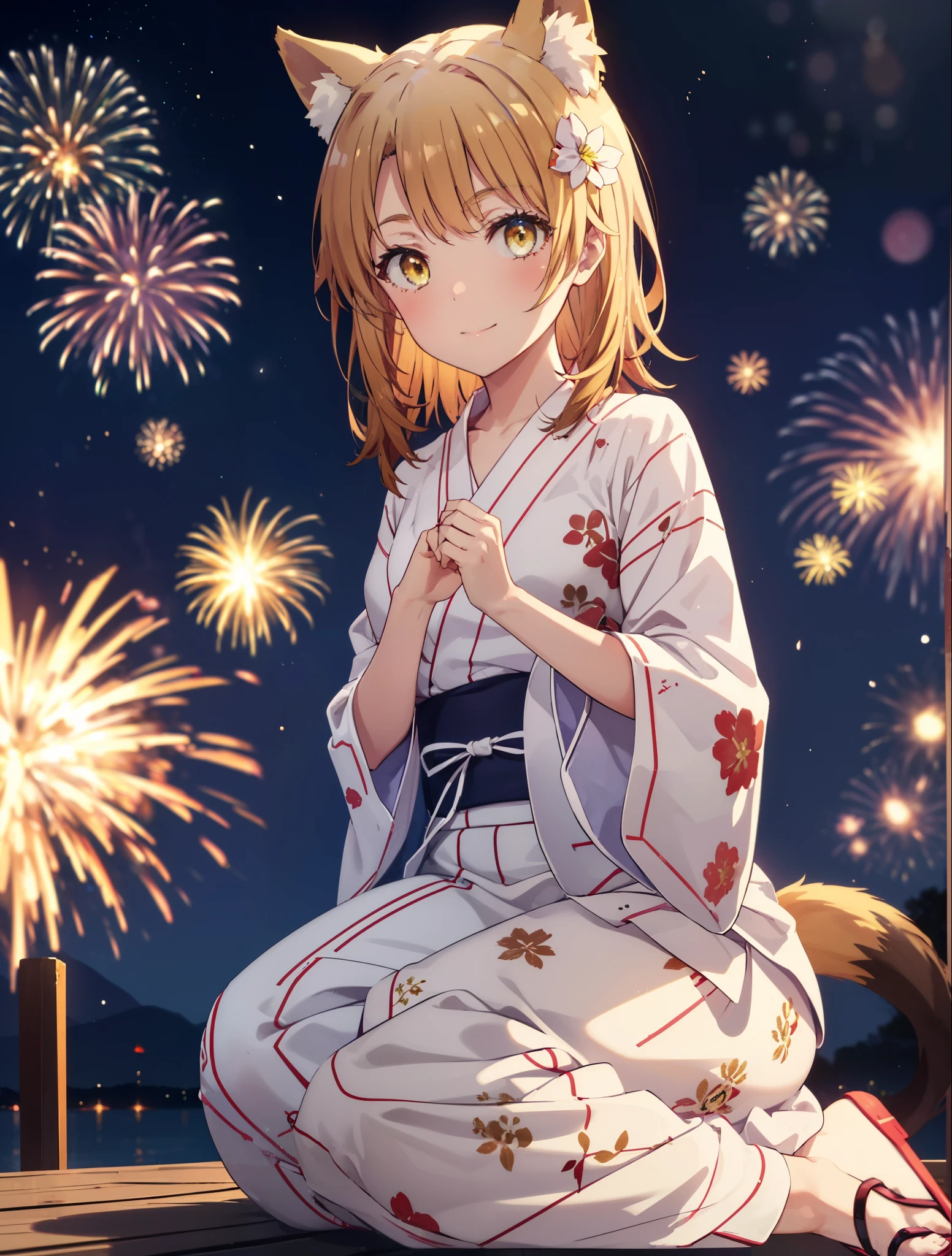 irohaisshiki, Isshiki Iroha, long hair, light brown hair, (brown eyes:1.5), smile,animal ears,fox ears,animal tail fox tail,flower hair ornament,Yukata with yellow floral pattern,long skirt,Zori sandals,firework in the night sky,firework,The place is a firework display,Time is night,sunny day,Make sure the whole body is included in the illustration,
break outdoors, 神社
break looking at viewer,
break (masterpiece:1.2), highest quality, High resolution, unity 8k wallpaper, (shape:0.8), (beautiful and detailed eyes:1.6), highly detailed face, perfect lighting, Very detailed CG, (perfect hands, perfect anatomy),