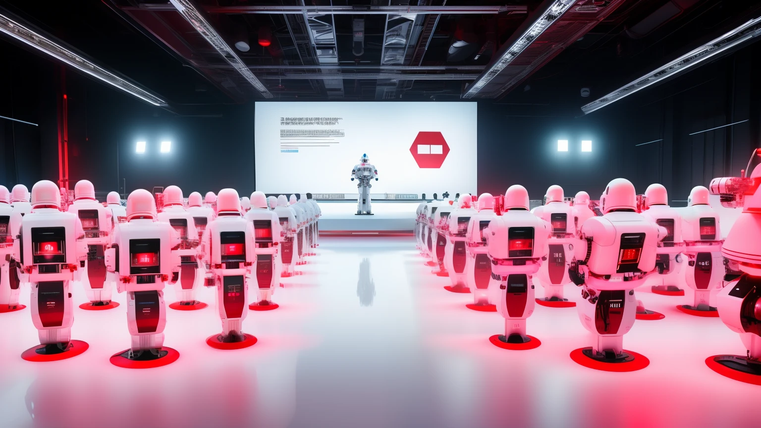 white future technology, white background, technology class, robot, a lot of people, red, 3d, magic, education