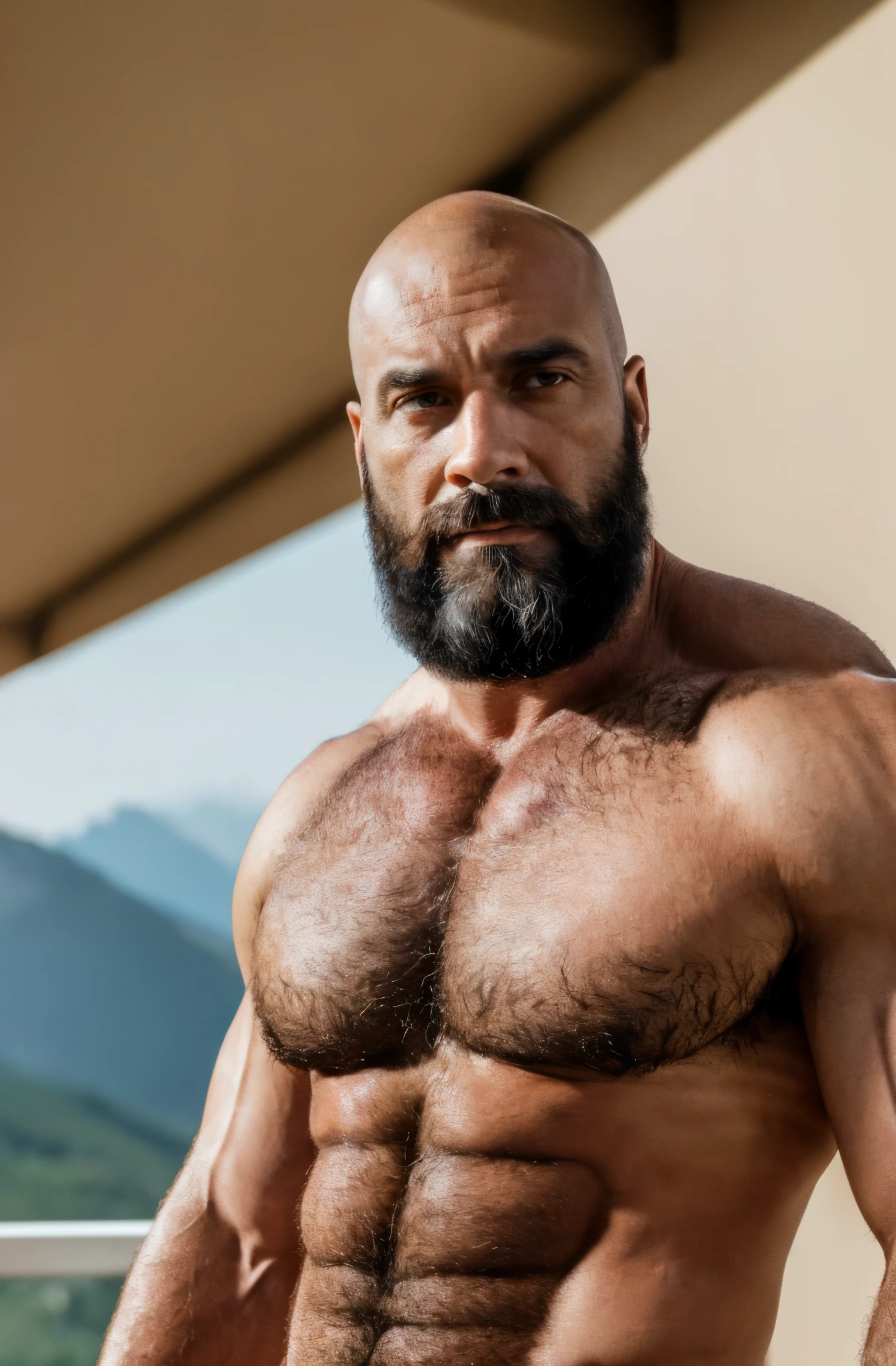 (best quality, highres, ultra-detailed, realistic:1.37), Hiperrealism, hiperdetailed, natural colors, soft light, portrait, 40 years old man, muscled, tall, hairy body, hairy chest, virility, actor, gay , very sexundsome, bald, black beard, naked, no es, sex symbol, mouins