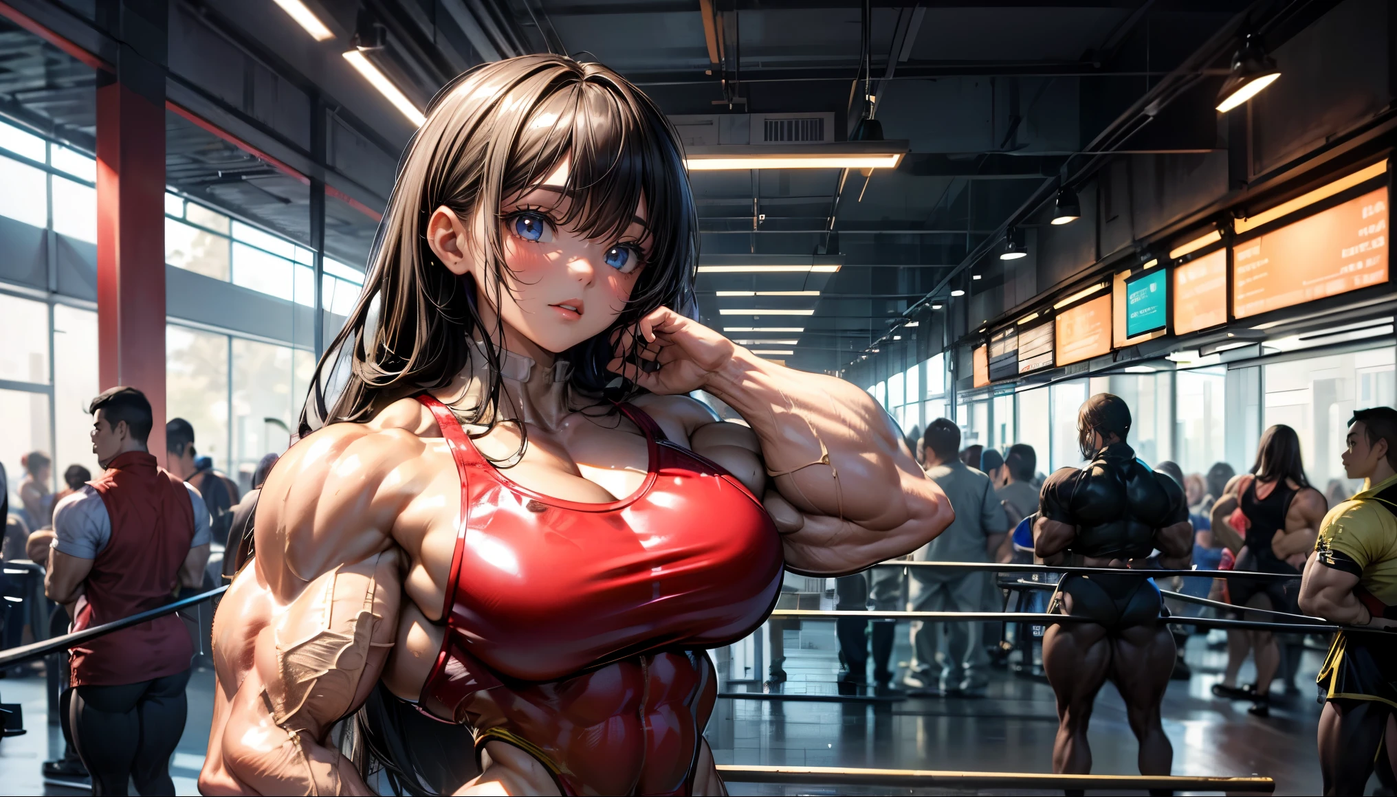 (best lighting) , (Extremely complex and detailed) , 4K unified, (Super detailed CG: 1.2) , (8k: 1.2),(original), (masterpiece) , (best quality),(masterpiece:1.4),Anime-like high quality,(masterpiece),masterpiece, Super clear picture quality,clearer than,(delicate face)best quality, absurd,((peace master, 4K, 8k, Yes, high resolution))1个girl, female student,,(beautiful bass),((bodybuilder:1.5))(girl),(miss),(((Upper body:1)))Upper body,on the street,shop,Backpack,The crowd was bustling