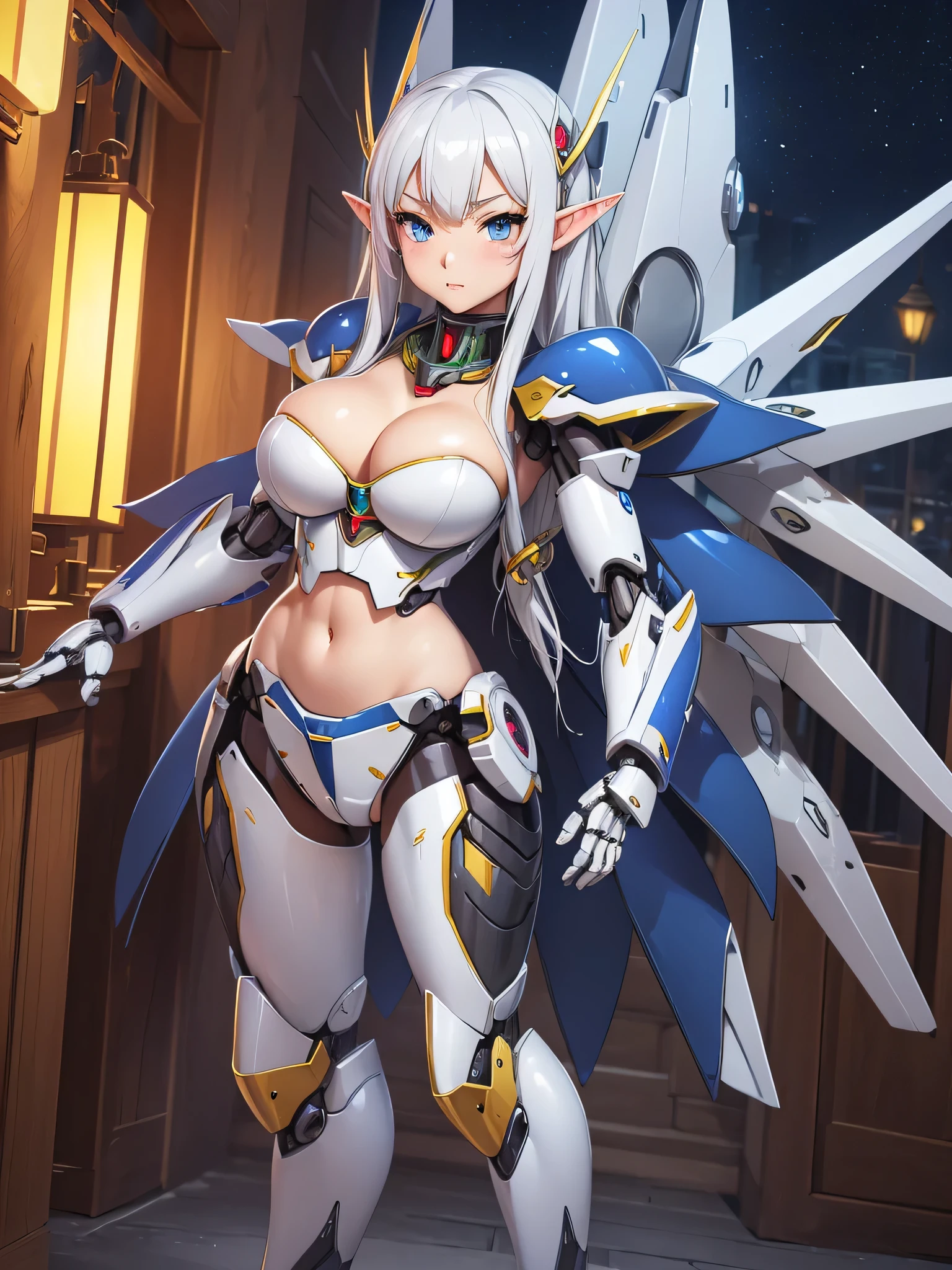 super high image, super detail, super high resolution, best quality, (full body image), ((anime)), (((masterpiece))), , (((elf girl))), (((16 years old))),(pretty face), (perfect body), (hourglass body shape), (high quality hands), ((silver white hair)), (beautiful eyes), ((petit breasts:1.2)), (sexy), ((((mecha armor with mechanical wings)))), sexy expression, (((erotic pose))), (thin waist:1.0), (wide hips:1.2), (thick ass:1.1), ((midriff)), ((in sci fi city at night))
