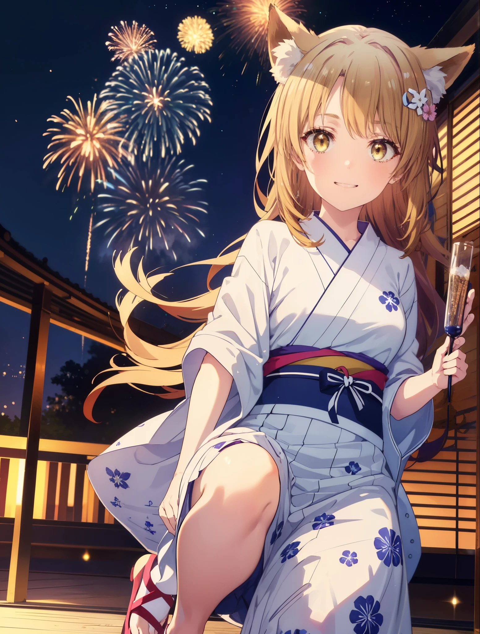 irohaisshiki, Isshiki Iroha, long hair, light brown hair, (brown eyes:1.5), smile,animal ears,fox ears,animal tail fox tail,flower hair ornament,Yukata with yellow floral pattern,long skirt,Zori sandals,firework in the night sky,firework,The place is a firework display,Time is night,sunny day,Make sure the whole body is included in the illustration,
break outdoors, 神社
break looking at viewer,
break (masterpiece:1.2), highest quality, High resolution, unity 8k wallpaper, (shape:0.8), (beautiful and detailed eyes:1.6), highly detailed face, perfect lighting, Very detailed CG, (perfect hands, perfect anatomy),