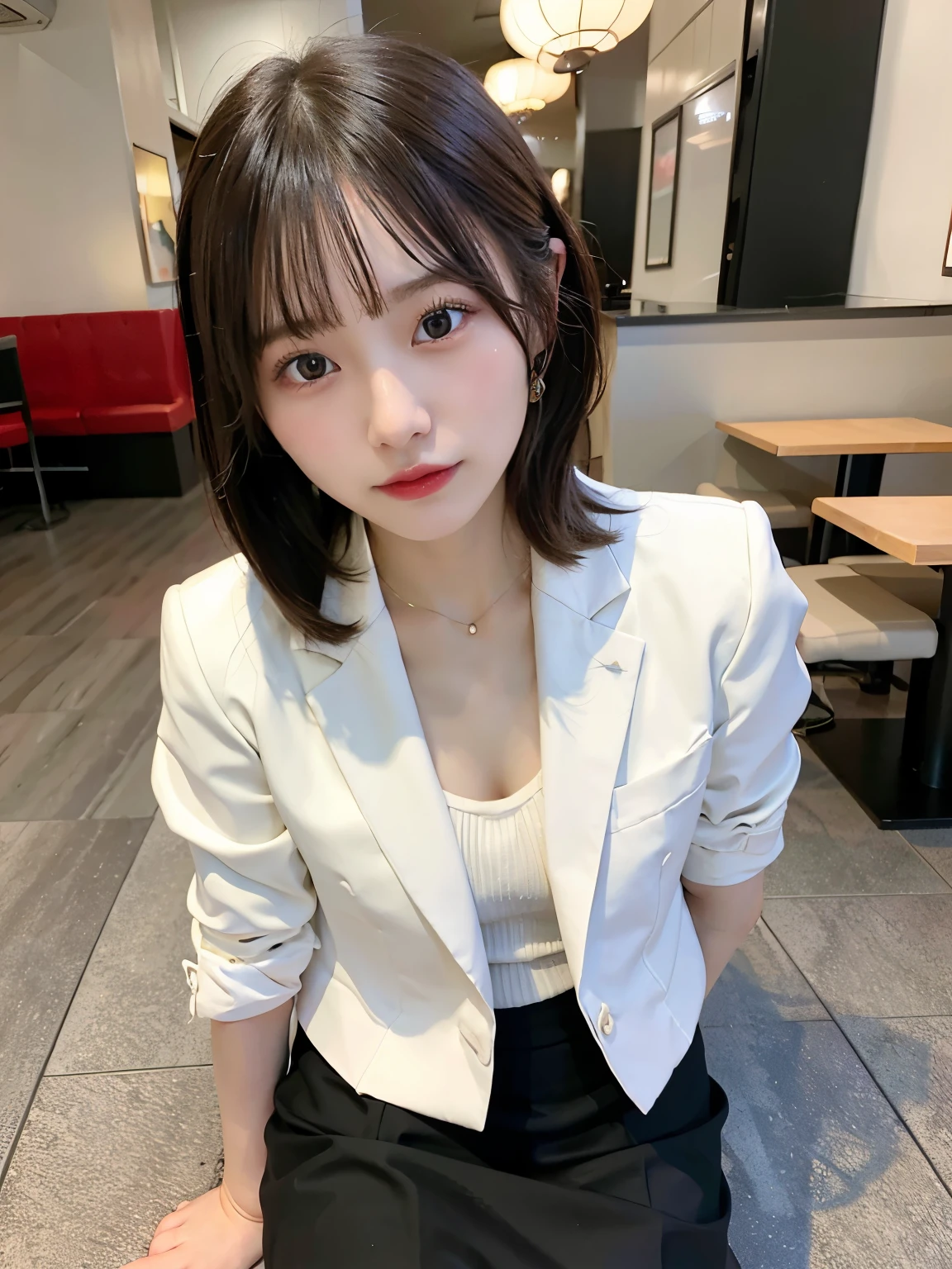 One woman, (((Beautiful and cute Japanese))), (((Young actress))), (((Slim face: 1.3))), (((Business suit and jacket, pencil skirt)))) , ((straight bangs: 1.1)), ((sitting in a cafe)), surreal, excessive Details, most realistic, perfect quality, perfect anatomy, double eyelids, ((((shy face)))), 8K, cinematic photo, evil smile, ((cafe background: 1.1)) (( lora :zuhirose 1.6)), ((8k, hyper-detailed, realistic)), detailed skin, detailed face, highest quality realistic textured skin, high resolution