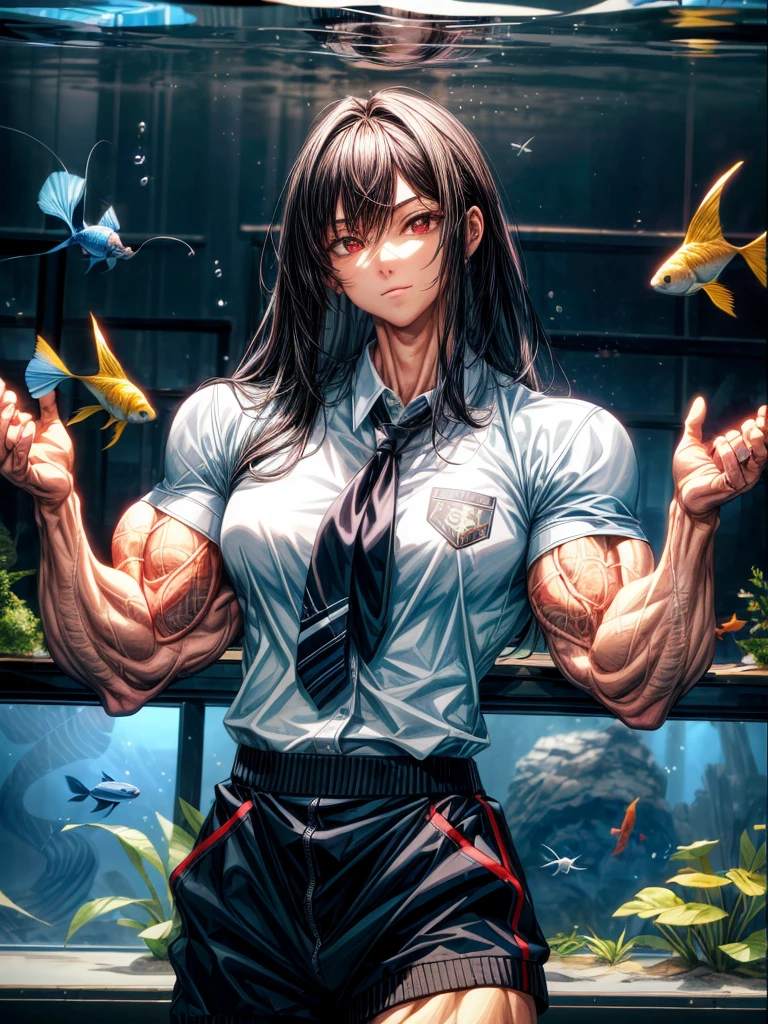 (best lighting) , (super-complex details) , 4K unified, (super-detailed CG: 1.2) , (8K: 1.2),(original), (masterpiece) , (best quality),(Masterpiece:1.4),Anime-ish high quality,(masterpiece),masterpiece, best quality, absurdres,((Masterpeace, 4k, 8k, highres)),(masterpiece), (best quality), (ultra-detailed), (an extremely delicate and beautiful), ((cowboy shot)), 1 woman, Yoru, beautiful face, detailed face, red eyes, scar on the cheek, long hair, black hair, school uniform, white shirt, black tie, dynamic pose, looking at viewer, on a aquarium, fish tank behind her, algae, marine life, blurred bottom, female focus, depth of field, full HD, high definition, high resolution



, ((body builder:1.5)),temple background,(beautiful bace),(girl),(female),(((upper body:1))),from front