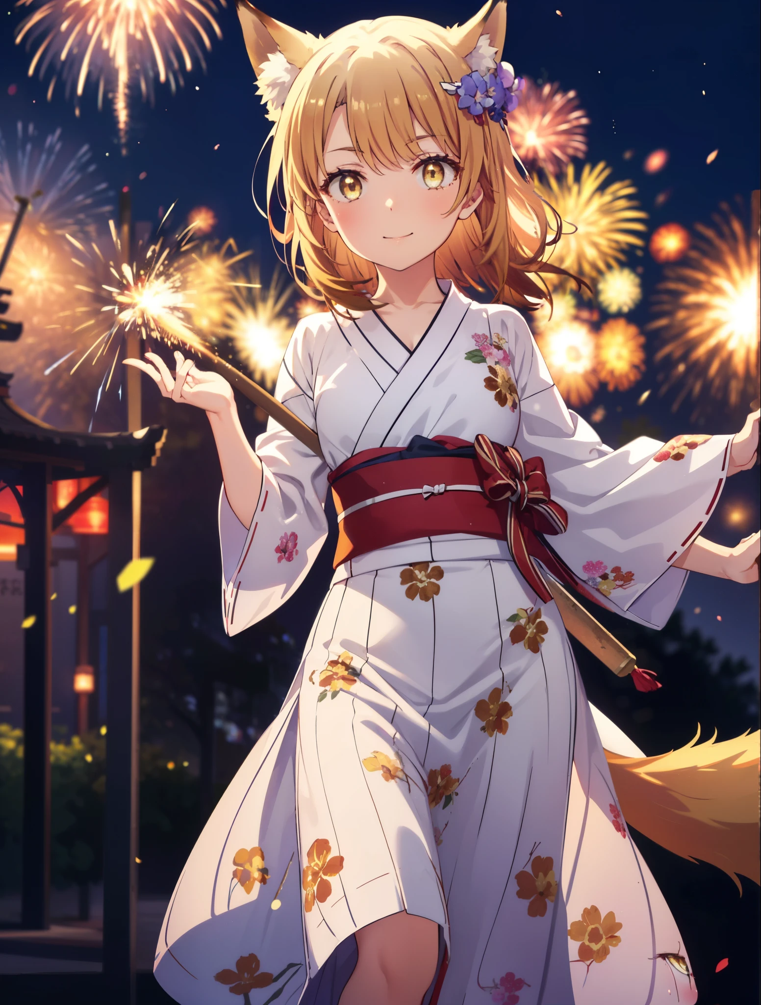 irohaisshiki, Isshiki Iroha, long hair, light brown hair, (brown eyes:1.5), smile,animal ears,fox ears,animal tail fox tail,flower hair ornament,Yukata with yellow floral pattern,long skirt,Zori sandals,firework in the night sky,firework,The place is a firework display,Time is night,sunny day,Make sure the whole body is included in the illustration,
break outdoors, 神社
break looking at viewer,
break (masterpiece:1.2), highest quality, High resolution, unity 8k wallpaper, (shape:0.8), (beautiful and detailed eyes:1.6), highly detailed face, perfect lighting, Very detailed CG, (perfect hands, perfect anatomy),