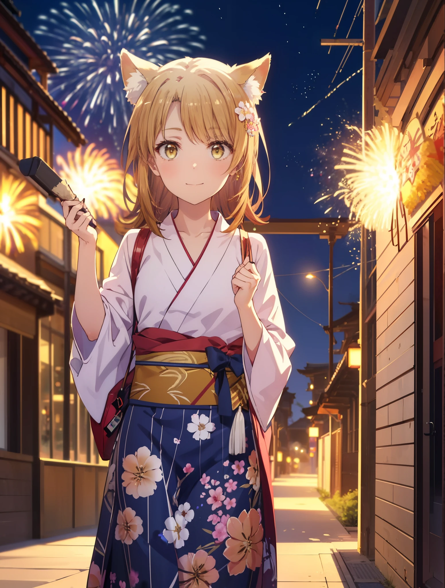 irohaisshiki, Isshiki Iroha, long hair, light brown hair, (brown eyes:1.5), smile,animal ears,fox ears,animal tail fox tail,flower hair ornament,Yukata with yellow floral pattern,long skirt,Zori sandals,firework in the night sky,firework,The place is a firework display,Time is night,sunny day,Make sure the whole body is included in the illustration,
break outdoors, 神社
break looking at viewer,
break (masterpiece:1.2), highest quality, High resolution, unity 8k wallpaper, (shape:0.8), (beautiful and detailed eyes:1.6), highly detailed face, perfect lighting, Very detailed CG, (perfect hands, perfect anatomy),