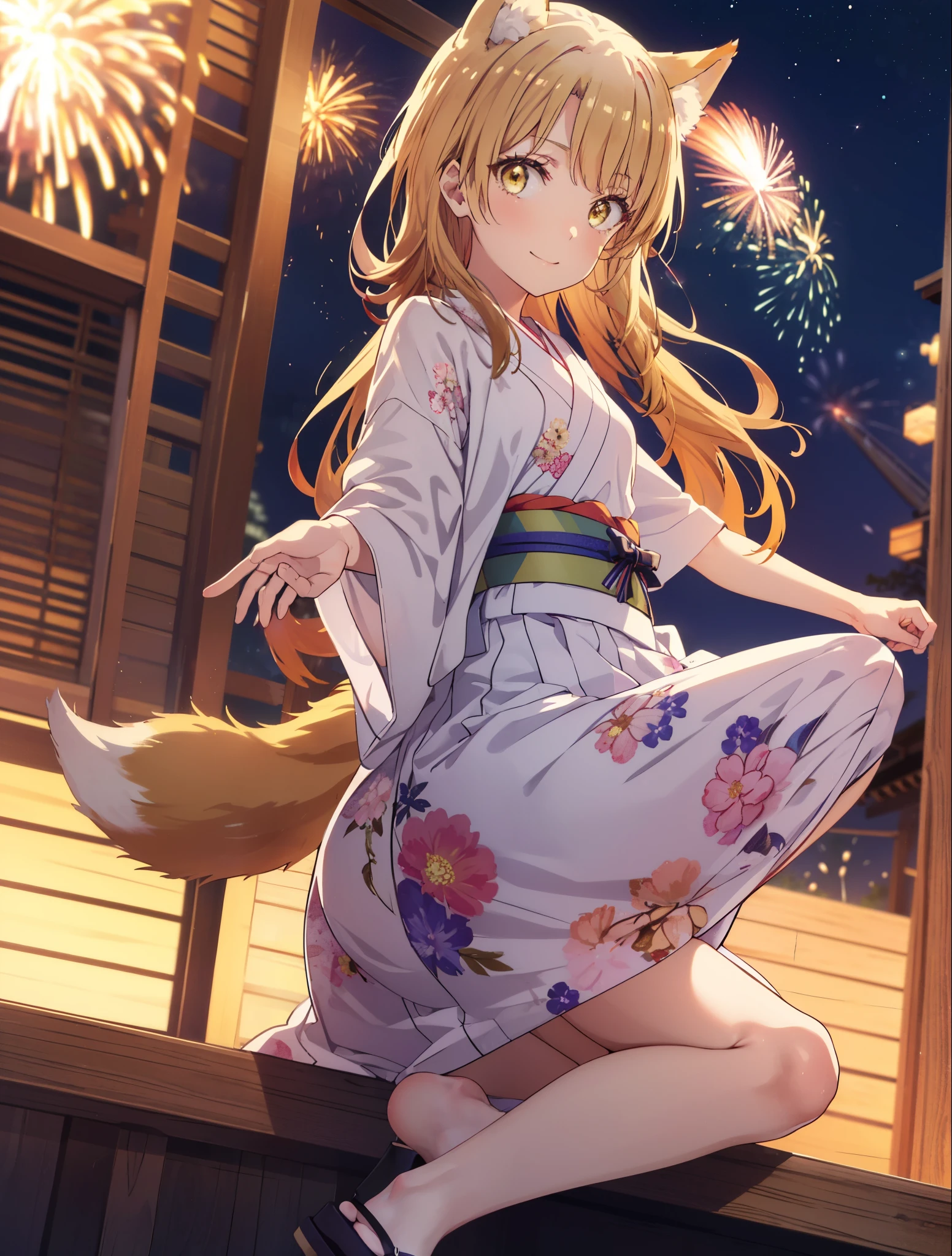 irohaisshiki, Isshiki Iroha, long hair, light brown hair, (brown eyes:1.5), smile,animal ears,fox ears,animal tail　fox tail,flower hair ornament,Yukata with yellow floral pattern,long skirt,Zori sandals,firework in the night sky,firework,The place is a firework display,Time is night,sunny day,Make sure the whole body is included in the illustration,
break outdoors, 神社
break looking at viewer,
break (masterpiece:1.2), highest quality, High resolution, unity 8k wallpaper, (shape:0.8), (beautiful and detailed eyes:1.6), highly detailed face, perfect lighting, Very detailed CG, (perfect hands, perfect anatomy),