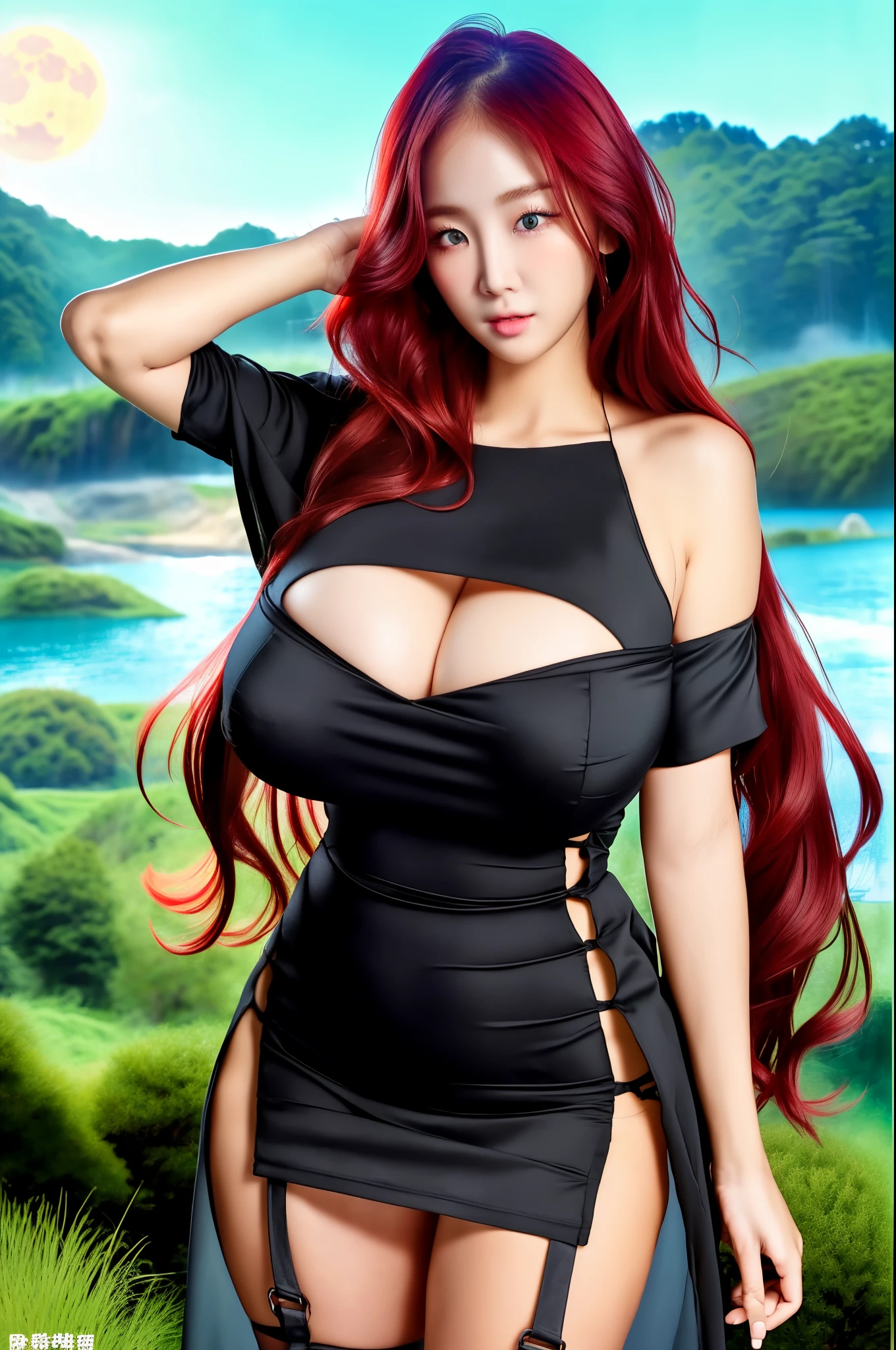 (masterpiece:1.3), (High resolution:1.1), Detailed beautiful face, Detailed beautiful, (huge breasts, gigantic breasts:1.4 sexy redhead woman in black dress posing in front of a full moon, japanese goddess, giant stunning goddess shot, sexy dress, better known as , , seductive anime girl, red haired goddess, gorgeous chinese model, succubus in tight short dress, beautiful alluring anime woman, sfw huge breasts, shiny black dress, hot with shining sun, korean girl, Korean sexy