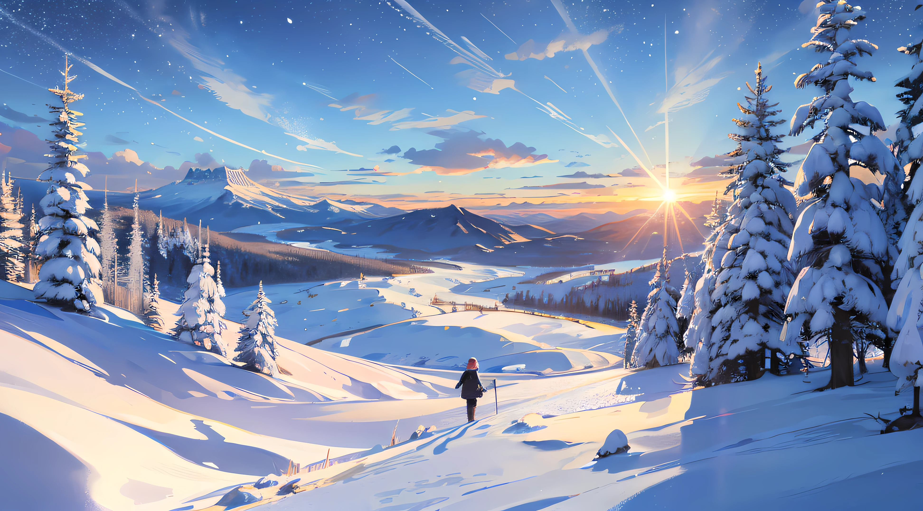 (best illustration: 1.2, master level), best quality, snow, nature, Changbai Mountain, extremely realistic snow cover, unique pure beauty of snow scenes, light snowfall, clear blue sky, starry sky behind the sun, low temperature and cold. --auto --s2