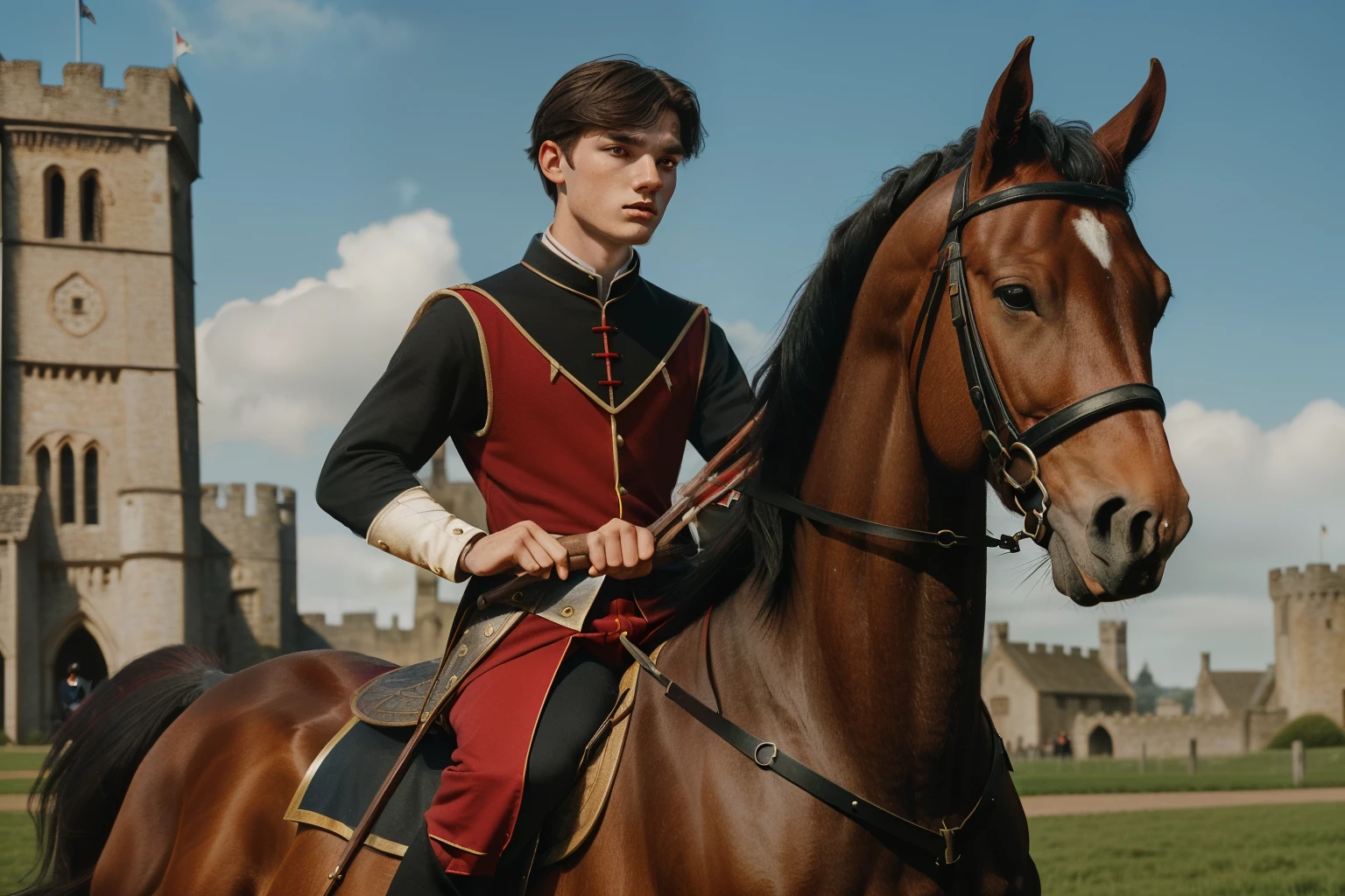 England, 1327. A young ((((20-year-old)) Ralph Fitzgerald)), intense eyes, ambitious, tall, athletic, calming a horse. ((((clothings from the 1300s, red and black squire uniform)))), ((dark hairstyle of the 1300s))