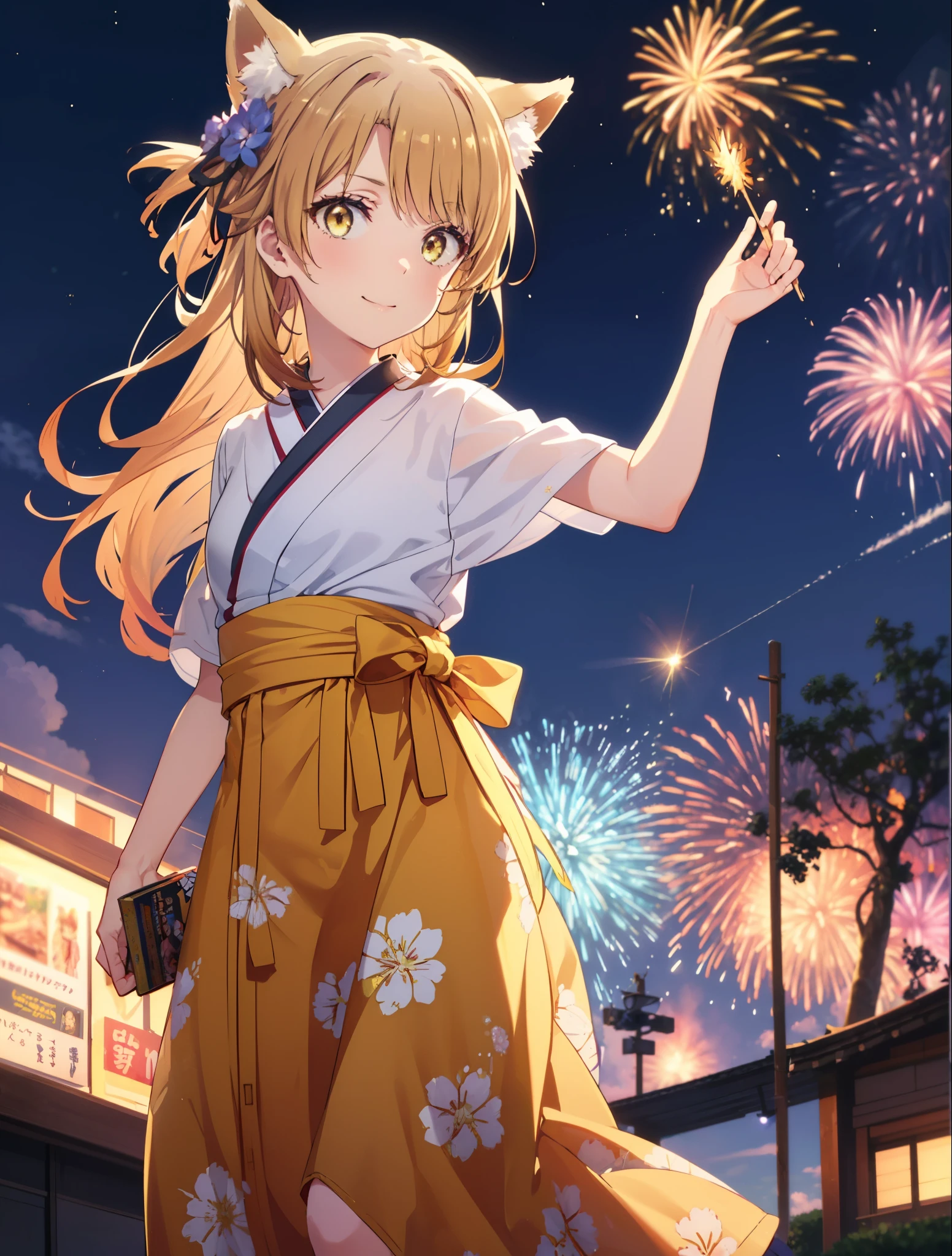 irohaisshiki, Isshiki Iroha, long hair, light brown hair, (brown eyes:1.5), smile,animal ears　fox ears,animal tail　fox tail,flower hair ornament,Yukata with yellow floral pattern,long skirt,Zori sandals,firework in the night sky,firework,The place is a firework display,Time is night,sunny day,Make sure the whole body is included in the illustration,
break outdoors, 神社
break looking at viewer,
break (masterpiece:1.2), highest quality, High resolution, unity 8k wallpaper, (shape:0.8), (beautiful and detailed eyes:1.6), highly detailed face, perfect lighting, Very detailed CG, (perfect hands, perfect ???????),