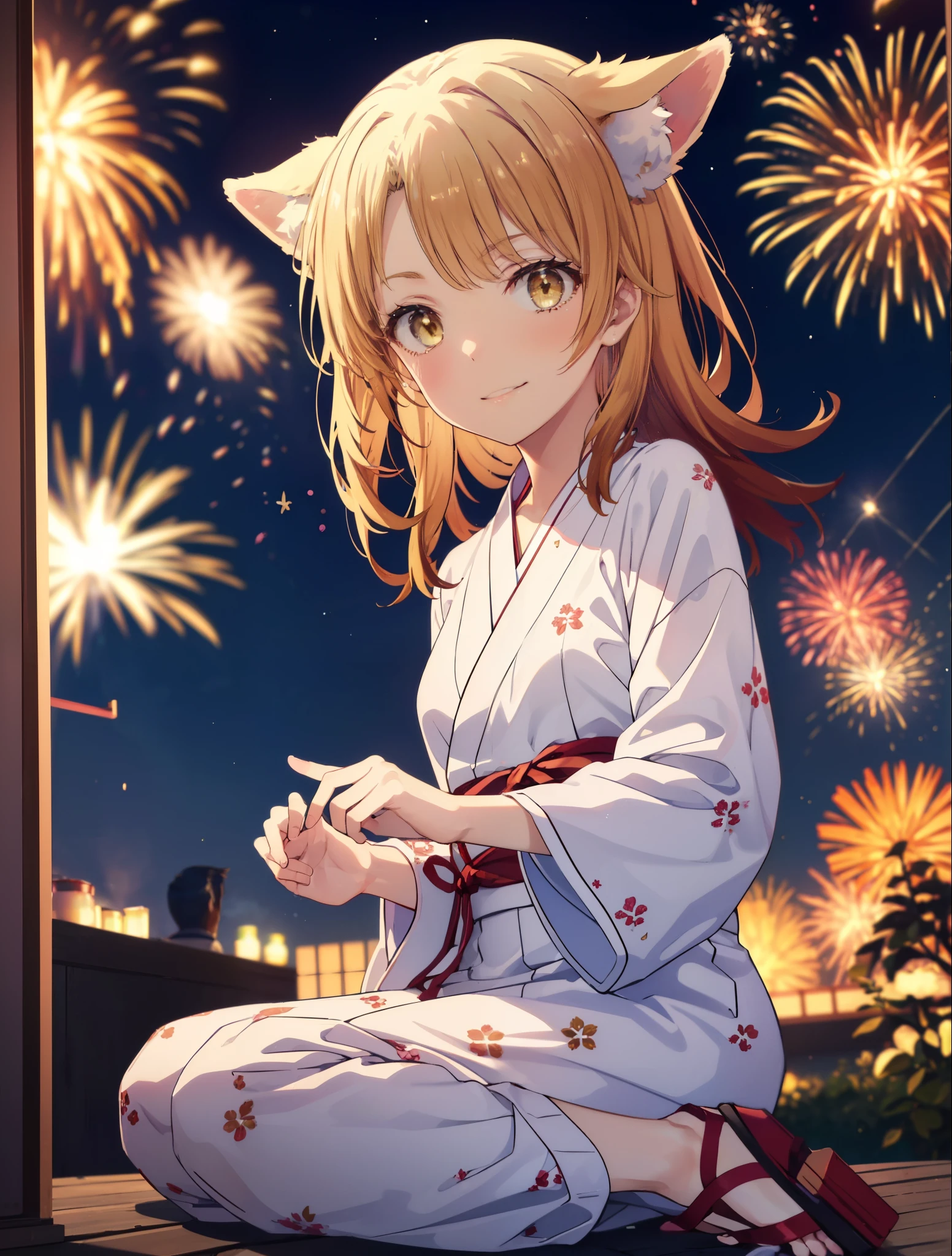 irohaisshiki, Isshiki Iroha, long hair, light brown hair, (brown eyes:1.5), smile,animal ears fox ears,animal tail fox tail,flower hair ornament,Yukata with yellow floral pattern,long skirt,Zori sandals,firework in the night sky,firework,The place is a firework display,Time is night,sunny day,Make sure the whole body is included in the illustration,
break outdoors, 神社
break looking at viewer,
break (masterpiece:1.2), highest quality, High resolution, unity 8k wallpaper, (shape:0.8), (beautiful and detailed eyes:1.6), highly detailed face, perfect lighting, Very detailed CG, (perfect hands, perfect anatomy),