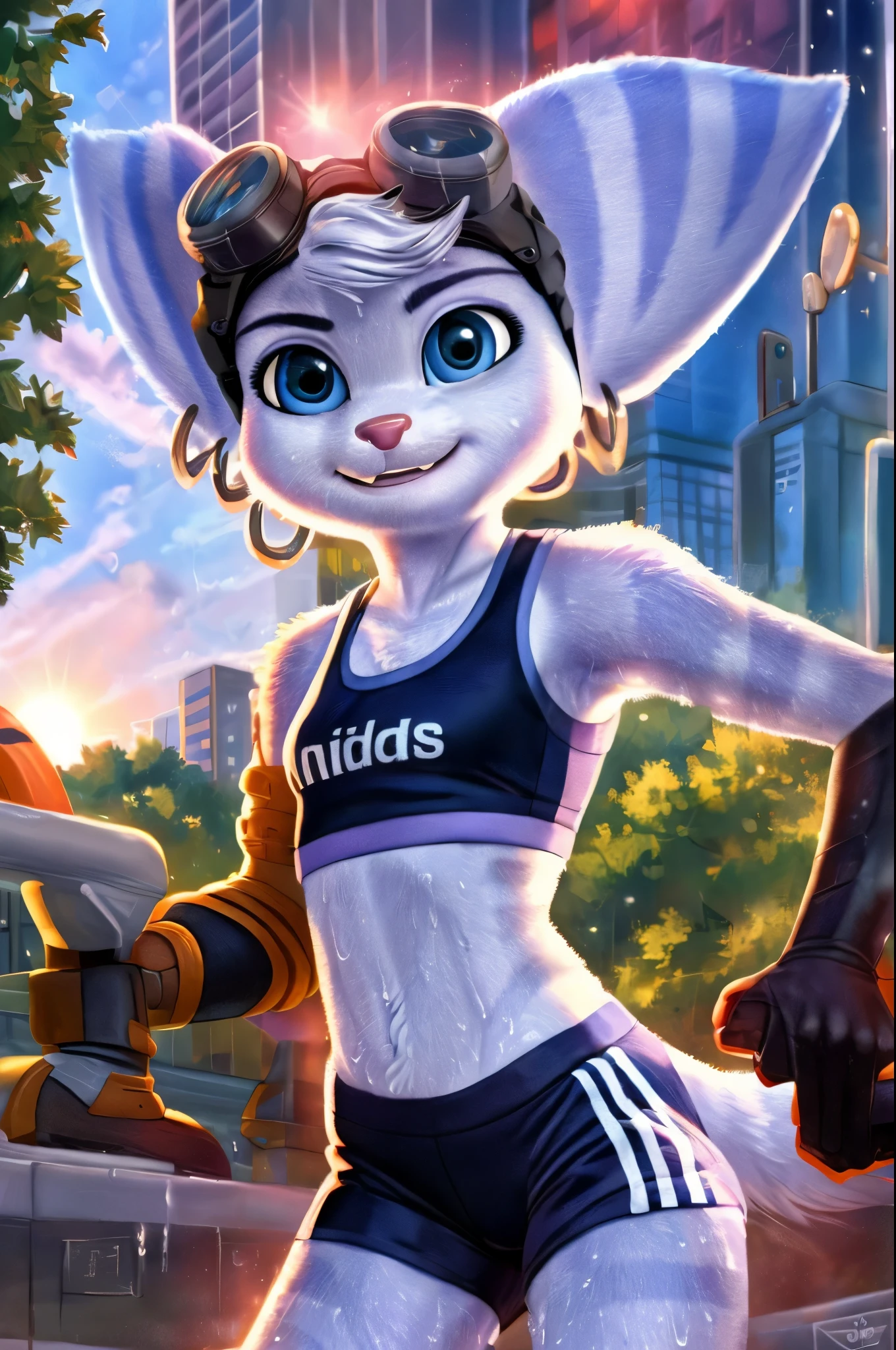 Rivet, furry girl, young,adidas nylon gym shorts, adidas nylon sports bra , adidas sports shoues, city park, evening sun, detailed body fur, detailed body, detailed eyes, detailed face, wet fur, skinny, high quality, masterpiece, small breasts, goggles, :D, looking at you, anime style, full body,