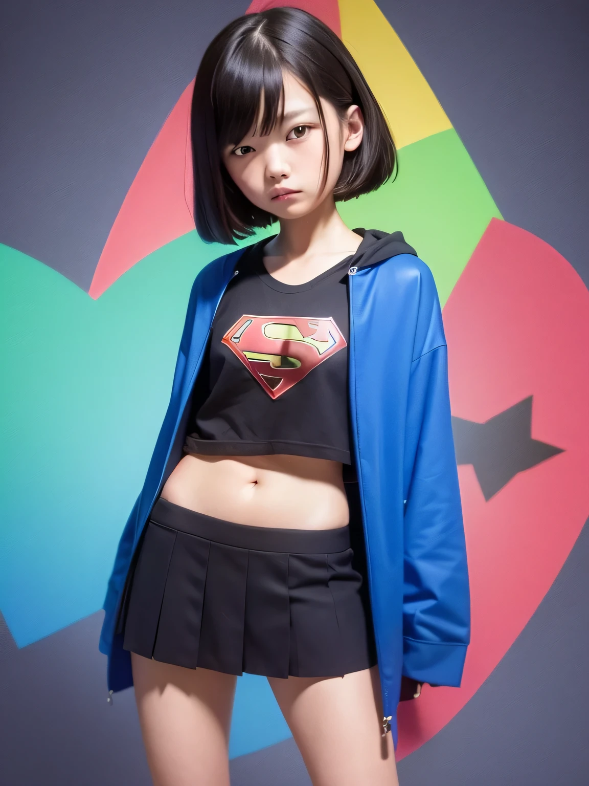 A very elementary school student is wearing Supergirl clothes.. , masterpiece, highest quality, abstract, psychedelic, neon, (honeycomb pattern), (creative:1.3), fantasy 00d、Spreading black hair、bob cut with trimmed ends、(flat chest)、Thin crotch、****con、Kneel on the sidewalk、belly button、High-leg style、red cloak