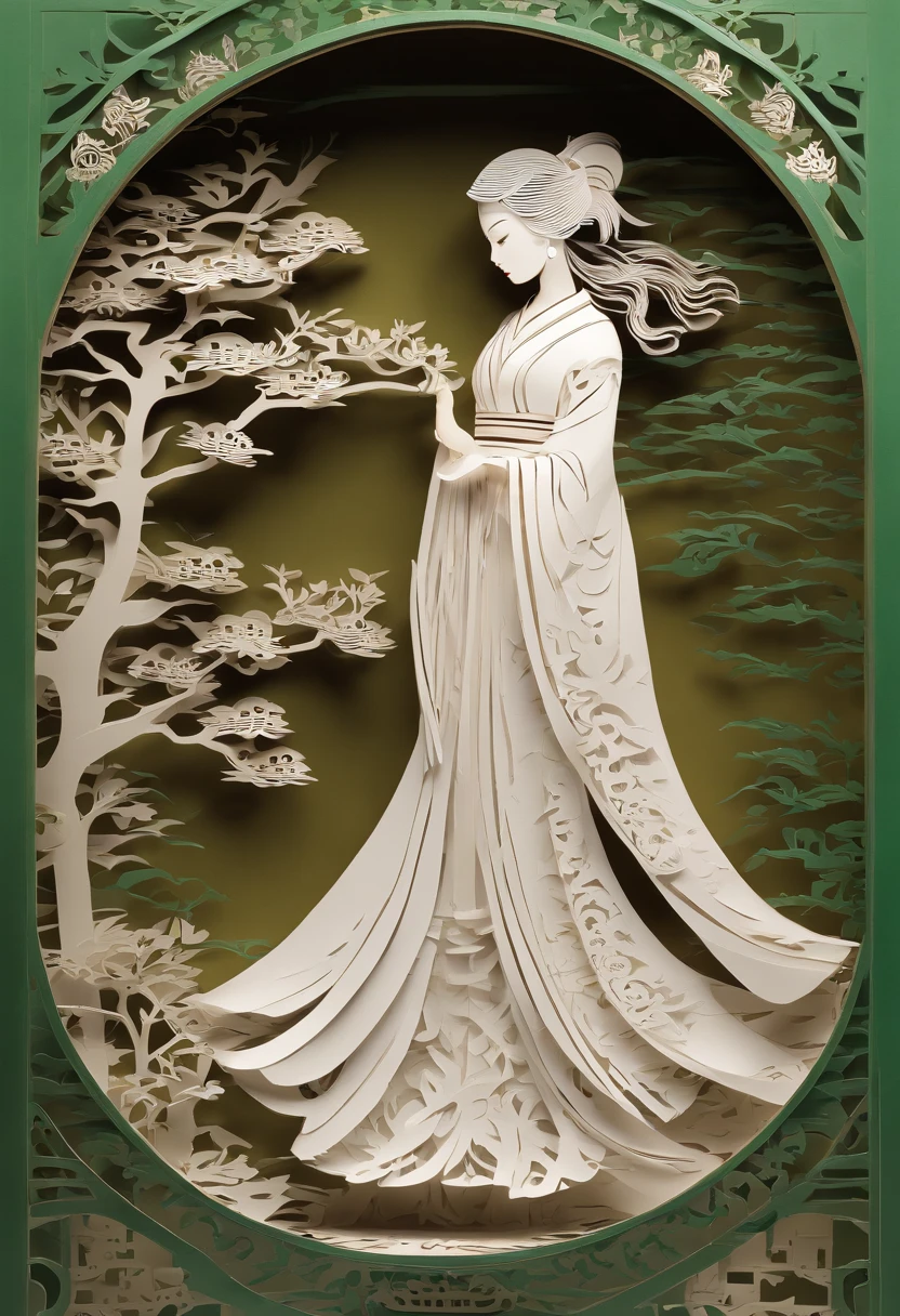 masterpiece, A Chiense woman in a hanfu, beautiful render of a fairytale, in the style of paper art, painting of beautiful, beautiful as the moon, very intricate masterpiece, painted metal, beautiful intricate masterpiece, multiple layers, Mysterious, Ancient China background, green
