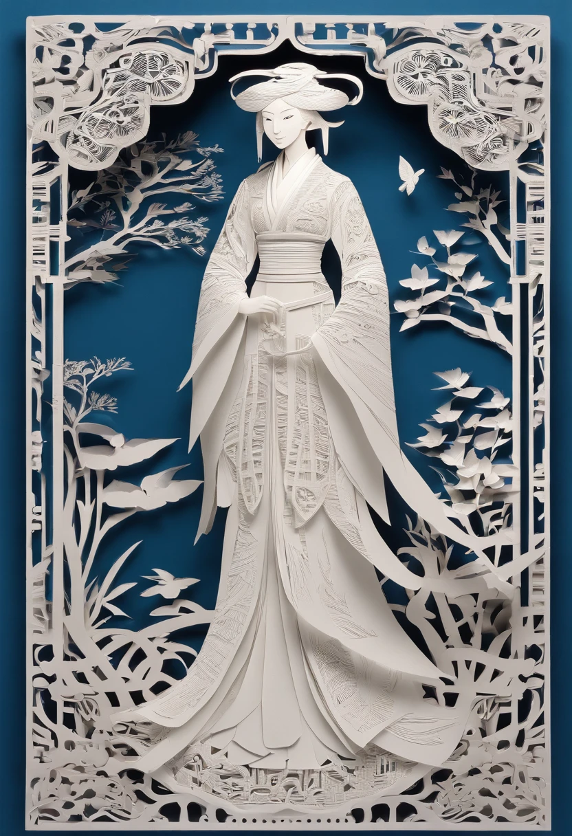 masterpiece, A Chiense woman in a hanfu, beautiful render of a fairytale, in the style of paper art, painting of beautiful, beautiful as the moon, very intricate masterpiece, painted metal, beautiful intricate masterpiece, multiple layers, Mysterious, Ancient China background, blue
