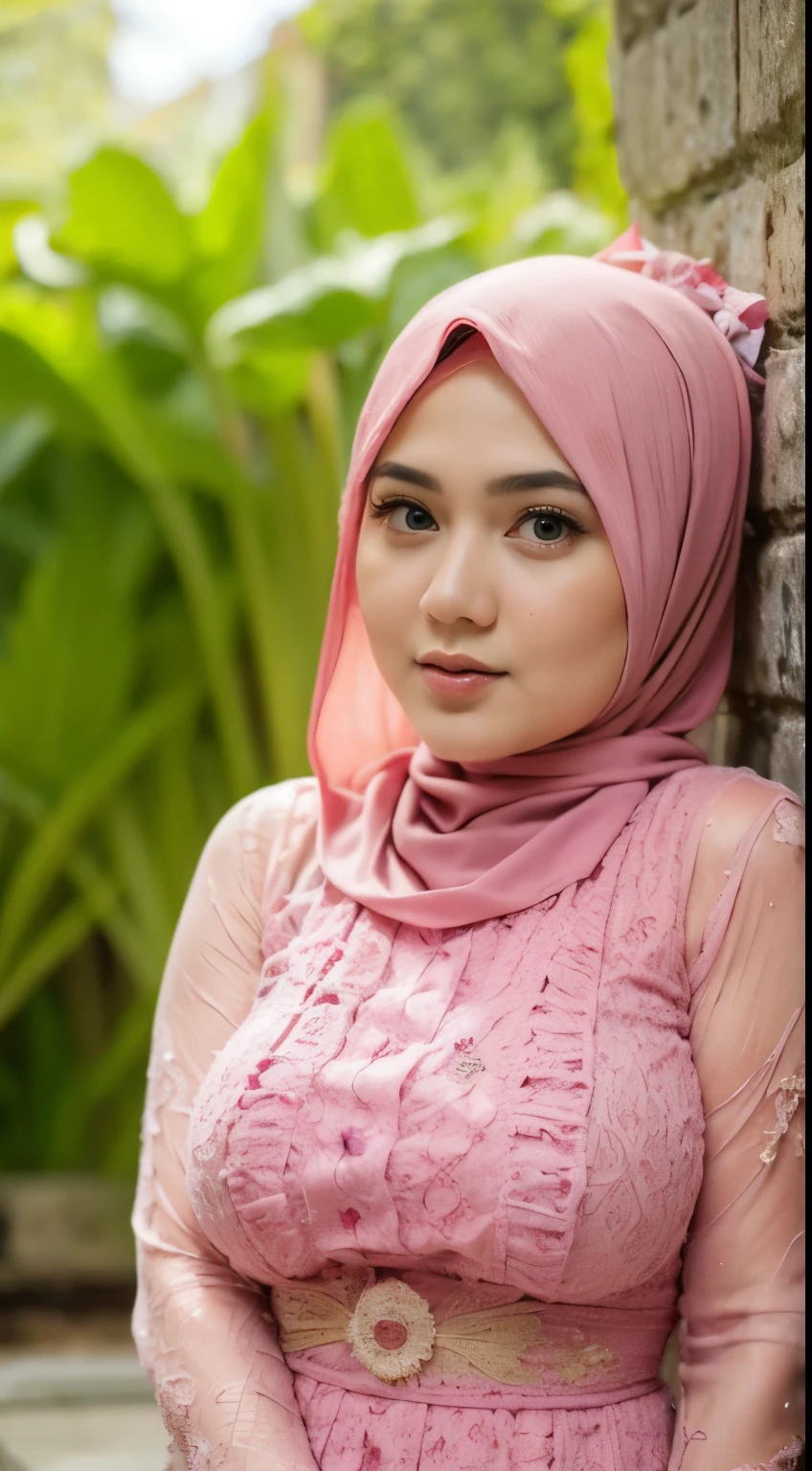 1 malay girl , modern plain hijab,  shy, medium portrait shot , watery  eyes ,droopy eyes, watery, lip glossy, sad face, ((big breast)), wear java wedding woman in kebaya , flower garden background, bokeh background, proportional body,