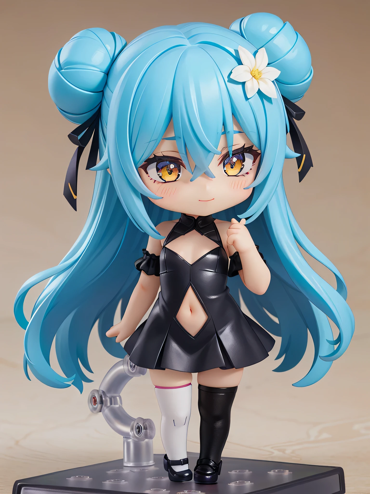 1girl, nendoroid, flat chest, wavy hair, double buns, teal hair, (long hair between eyes), flower crown, ((one thighhigh and one bare leg, single thighhigh)), teal sundress, spaghetti straps, clothing cutout, navel cutout, navel, yellow eyes, wide eyes, soft smile, standing, pastel