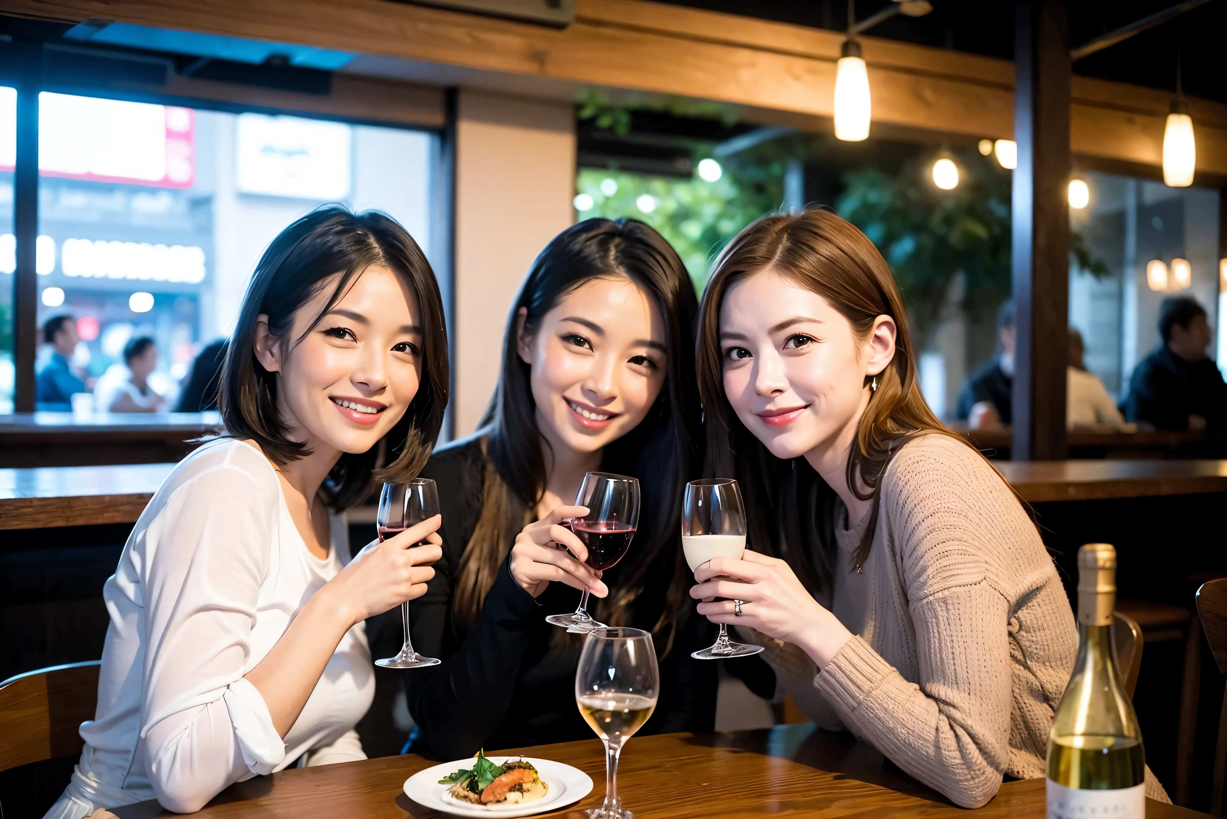 64k, UHD, highest quality, masterpiece: 1.2), (realistic, photorealistic: 1.37),やわらかなsmile、gentle expression、 Super detailed, celebration party、beauty、charm、beautiful mature woman、3 women who love wine、three men、Tokyo、Yokohama、Champagne、sparkling wine、winter night、restaurantでワイン宴会、(slimな男女4名),(Wine party for 5 people)、(slimフェイス),Happy、 最高なsmile、Fox Face、Berry Short、(because I&#39;thin), (brown hair), (shortcut), long sleeve shirt、winter fashion、Columbia、Brazilian、Japanese、Dutch、German、Portuguese、Belgian、Italian、French, (Squirting), (slimボティ), (brown hair), (shortcut), 端正なbeauty、cheeks blush a little, (41 years old), 38 years old, 35 years old、32 years old、 A beautiful and detailed night view spreads out outside the window..........., restaurant, wine glassが座っている, At night, in a prominent place (from the Upper body) nova frog style, actress, model, Upper body, White wine, slim, wine glass, Very beautiful night view, wine glass Put in the Middle, Happy smile, (smile: 1.15), 