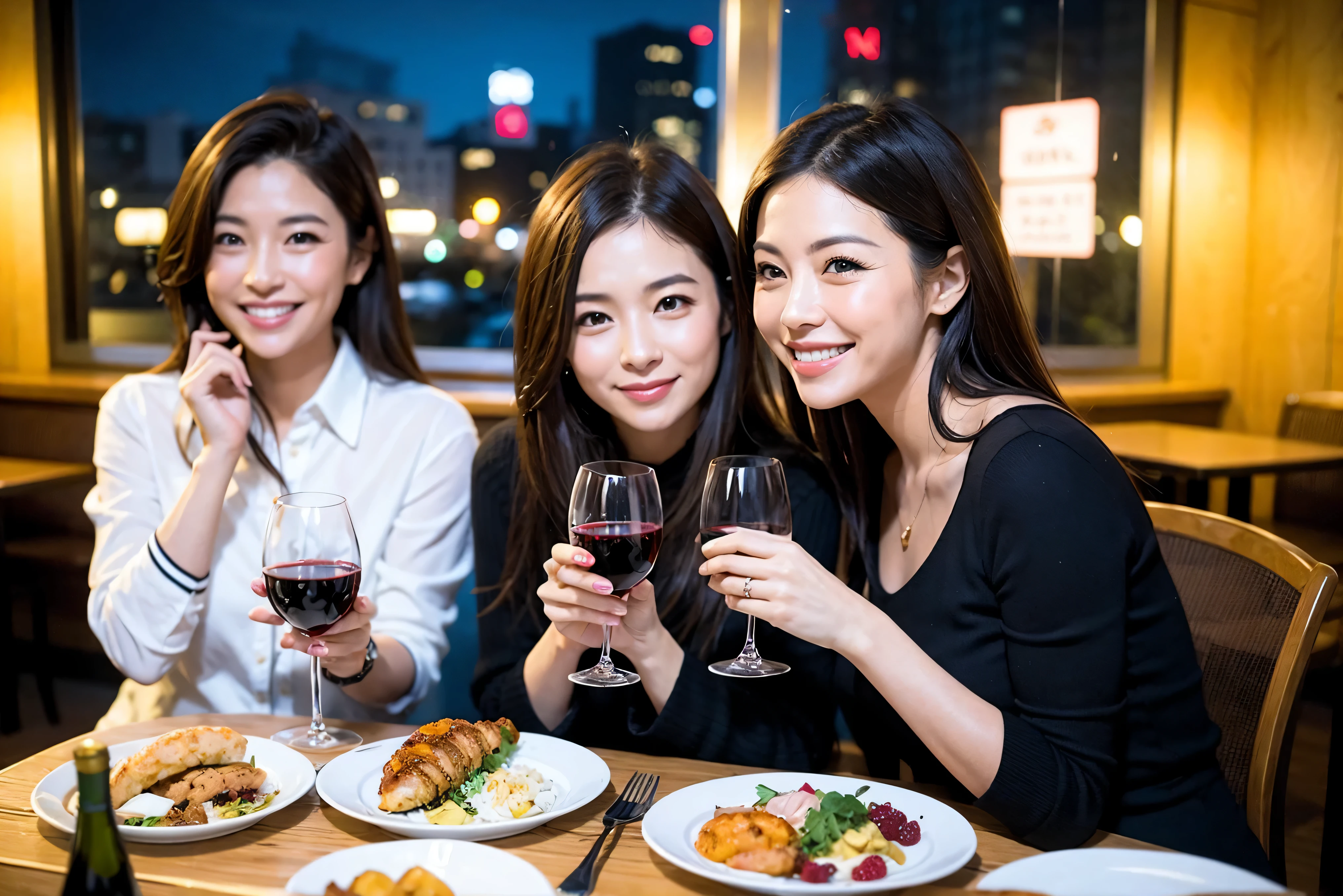 64k, UHD, highest quality, masterpiece: 1.2), (realistic, photorealistic: 1.37),やわらかなsmile、gentle expression、 Super detailed, celebration party、beauty、charm、beautiful mature woman、3 women who love wine、three men、Tokyo、Yokohama、Champagne、sparkling wine、winter night、restaurantでワイン宴会、(slimな男女4名),(Wine party for 5 people)、(slimフェイス),Happy、 最高なsmile、Fox Face、Berry Short、(because I&#39;thin), (brown hair), (shortcut), long sleeve shirt、winter fashion、Columbia、Brazilian、Japanese、Dutch、German、Portuguese、Belgian、Italian、French, (Squirting), (slimボティ), (brown hair), (shortcut), 端正なbeauty、cheeks blush a little, (41 years old), 38 years old, 35 years old、32 years old、 A beautiful and detailed night view spreads out outside the window..........., restaurant, wine glassが座っている, At night, in a prominent place (from the Upper body) nova frog style, actress, model, Upper body, White wine, slim, wine glass, Very beautiful night view, wine glass Put in the Middle, Happy smile, (smile: 1.15), 