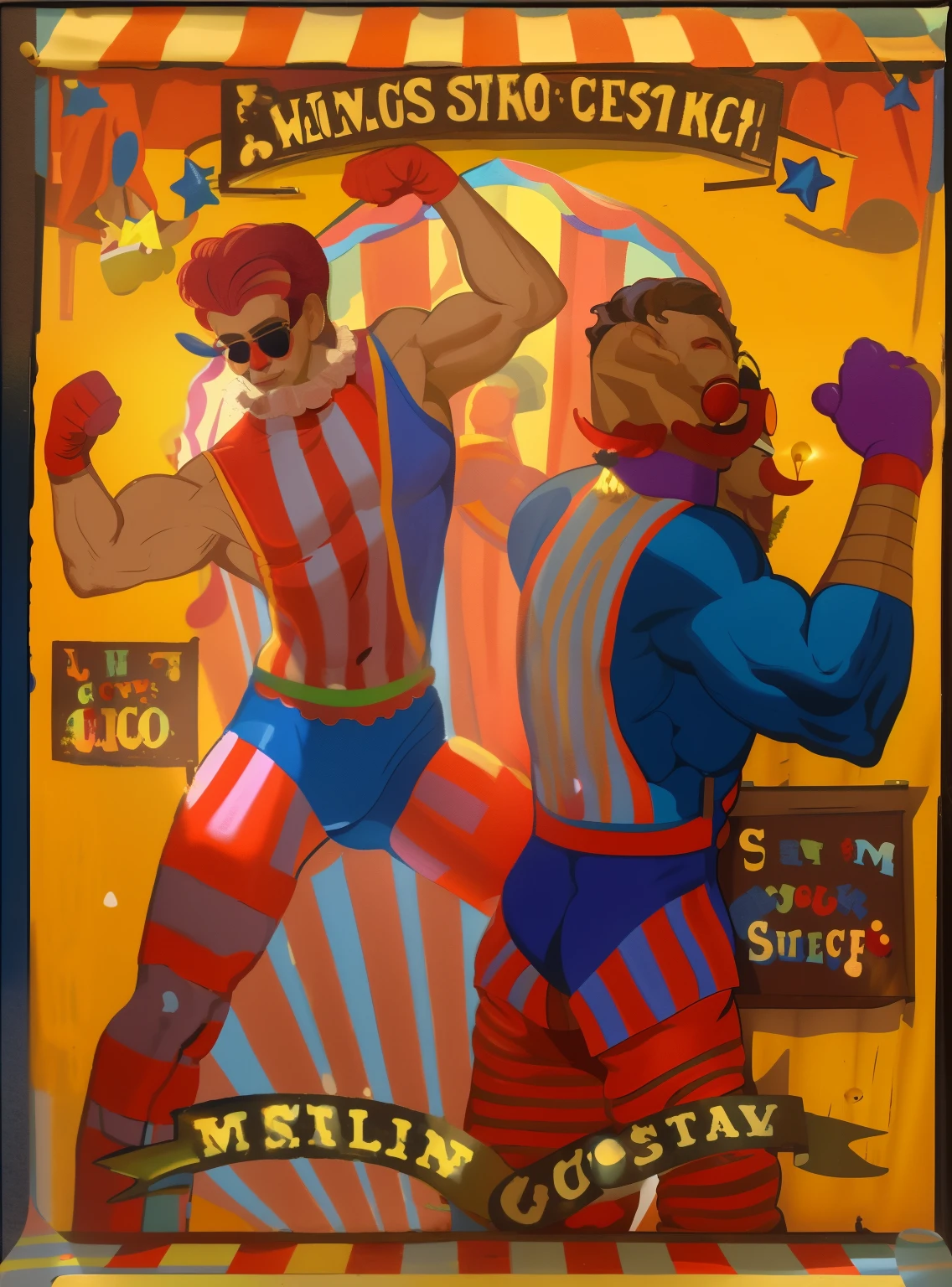 painting of two men in swim suits with sunglasses and a sign, cardboard cutout, of a gang of circus clowns, the front of a trading card, circus clowns, muscular characters, circus background, leaked image, vaudevillian, welcome to the circus, clowns boxing, inspired by The Family Circus, he got a big french musctache, slightly muscular, circus